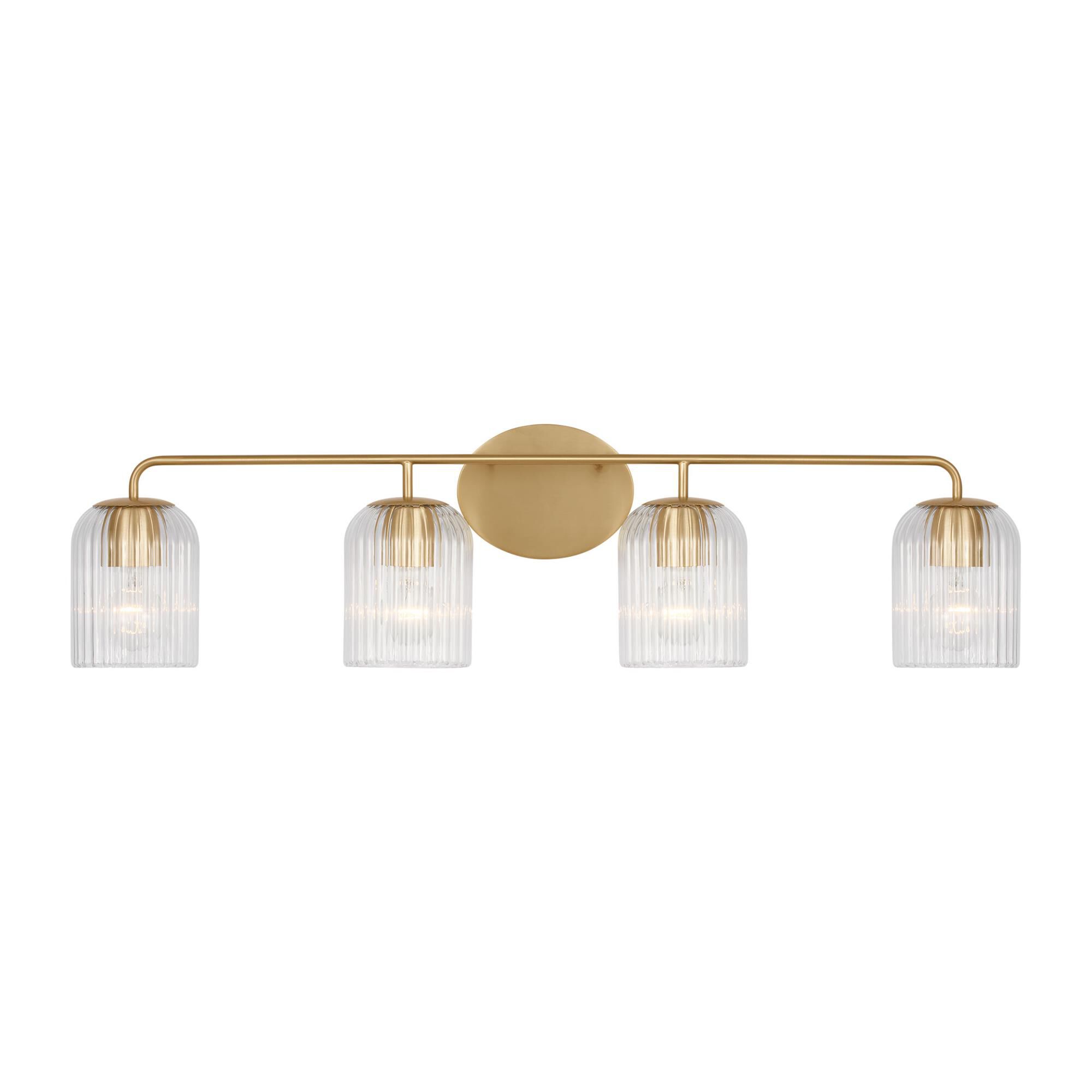 Shown in Satin Brass finish and Clear Ribbed glass