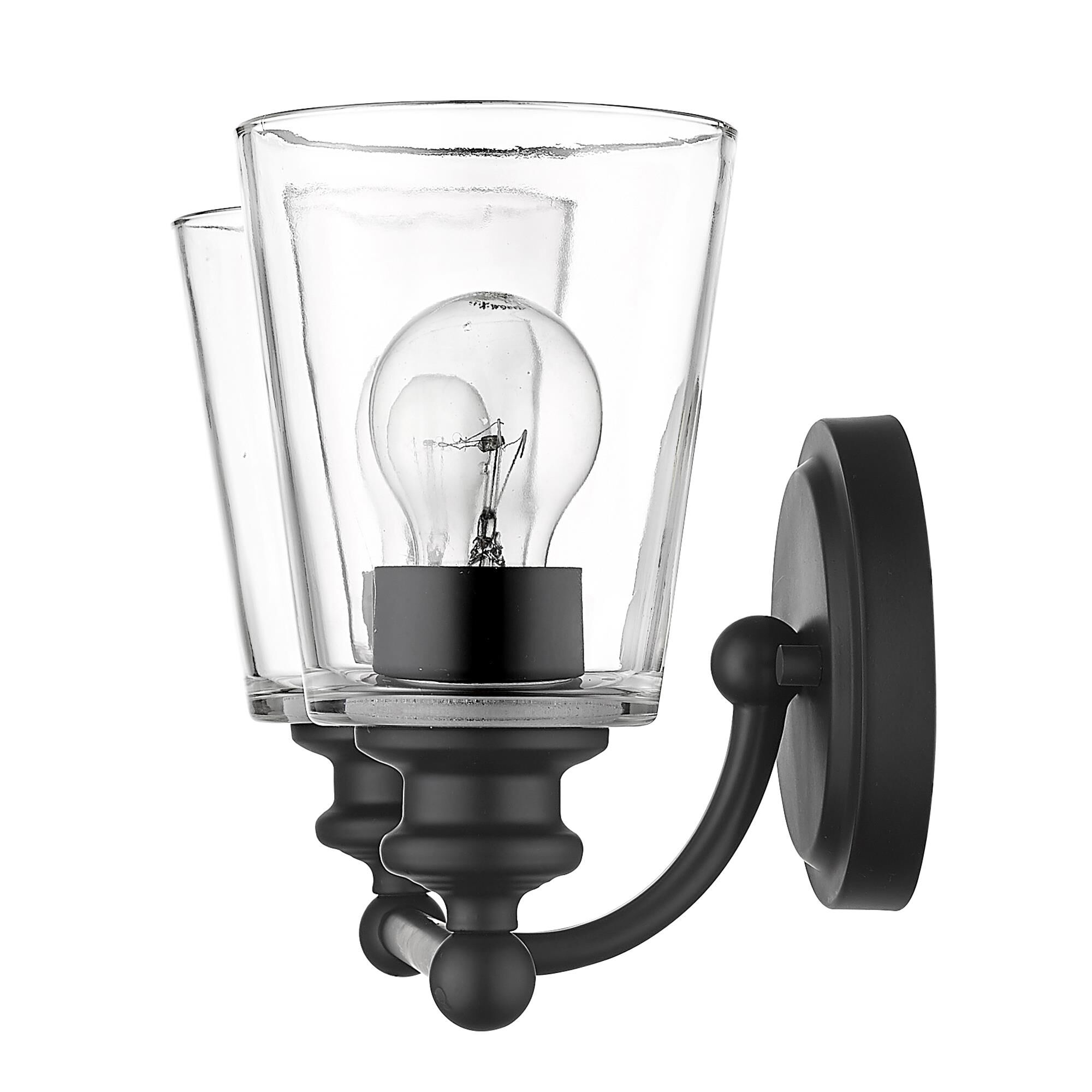 Shown in Matte Black finish and Clear glass and Clear, Cone Shaped Glass shade