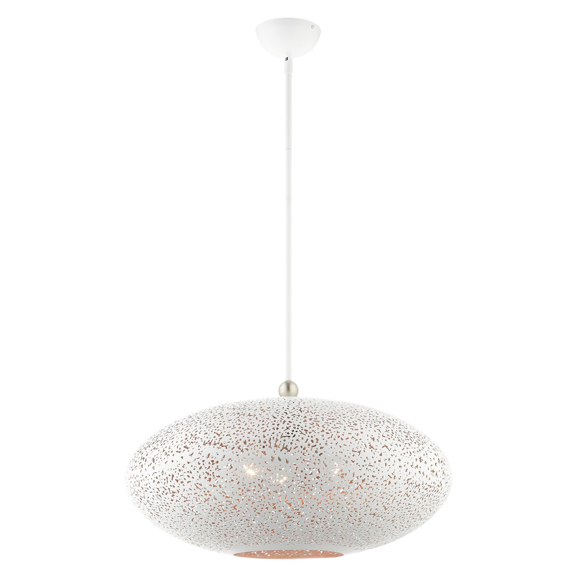 Shown in White With Brushed Nickel Accents finish and White Filigreed Metal Shade With Gold Finish Inside glass and White Filigreed Metal  With Gold Finish Inside shade