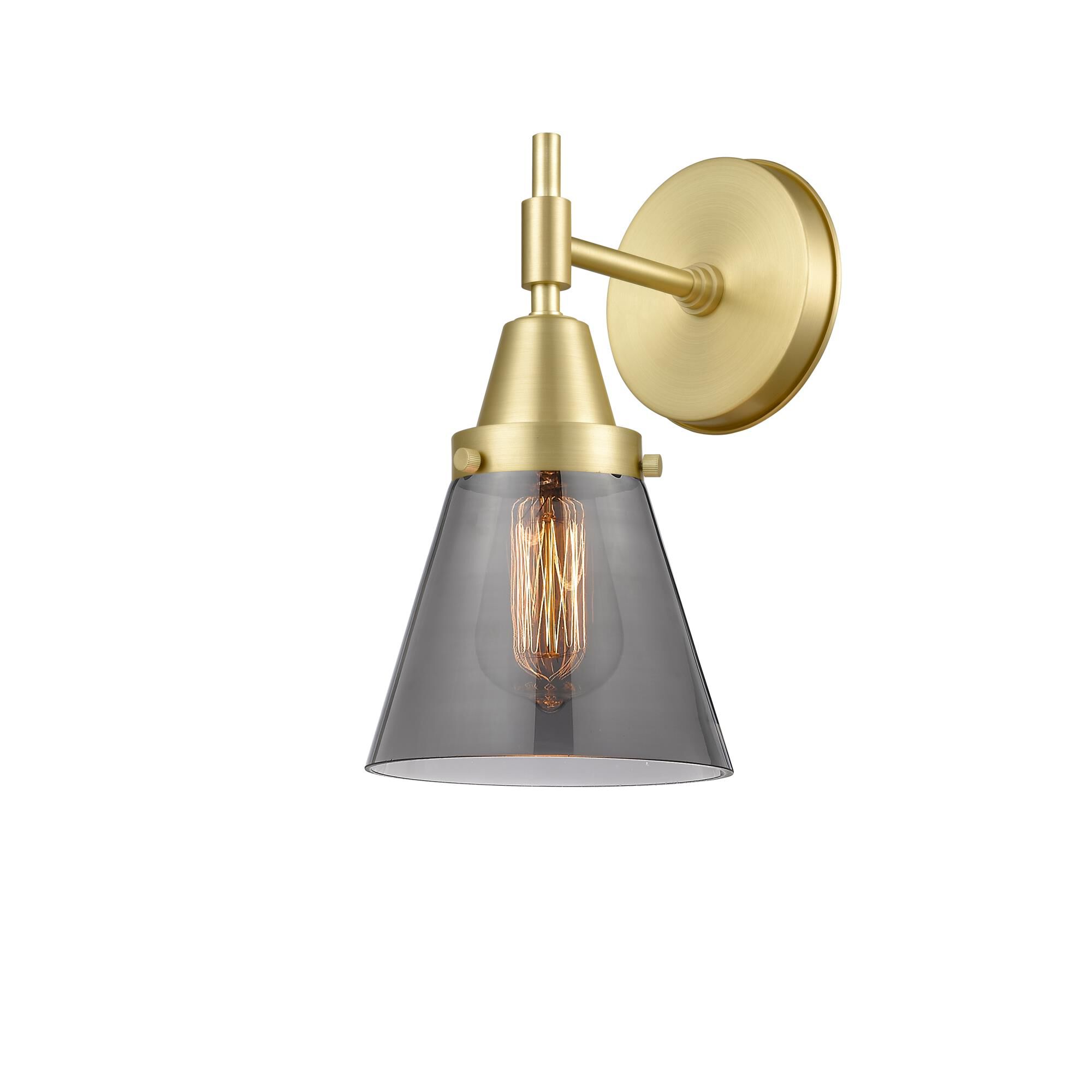 Shown in Satin Brass finish and Plated Smoke Large Cone glass