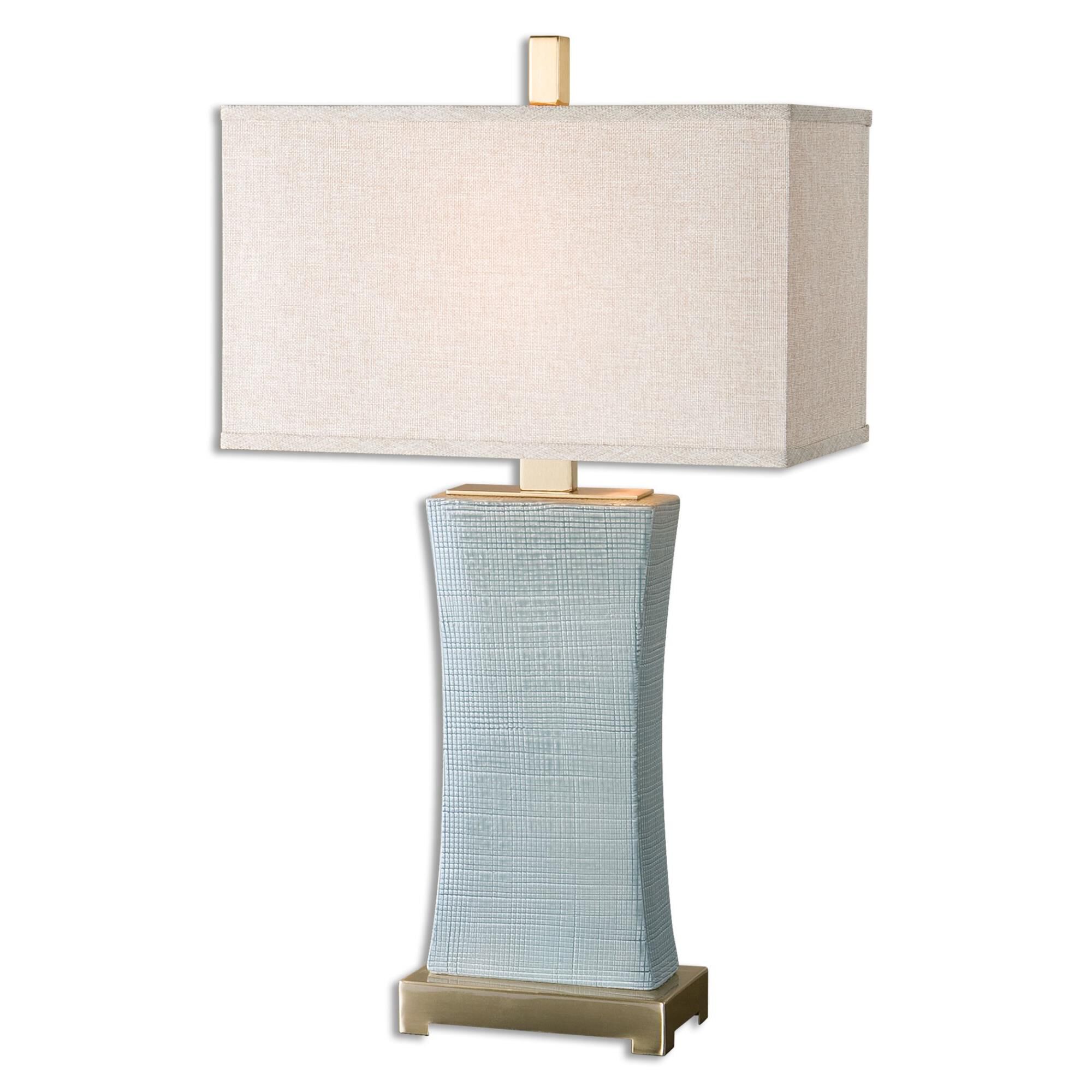 Shown in Coffee Bronze finish and Rust Beige shade and Pale Blue Ceramic accent