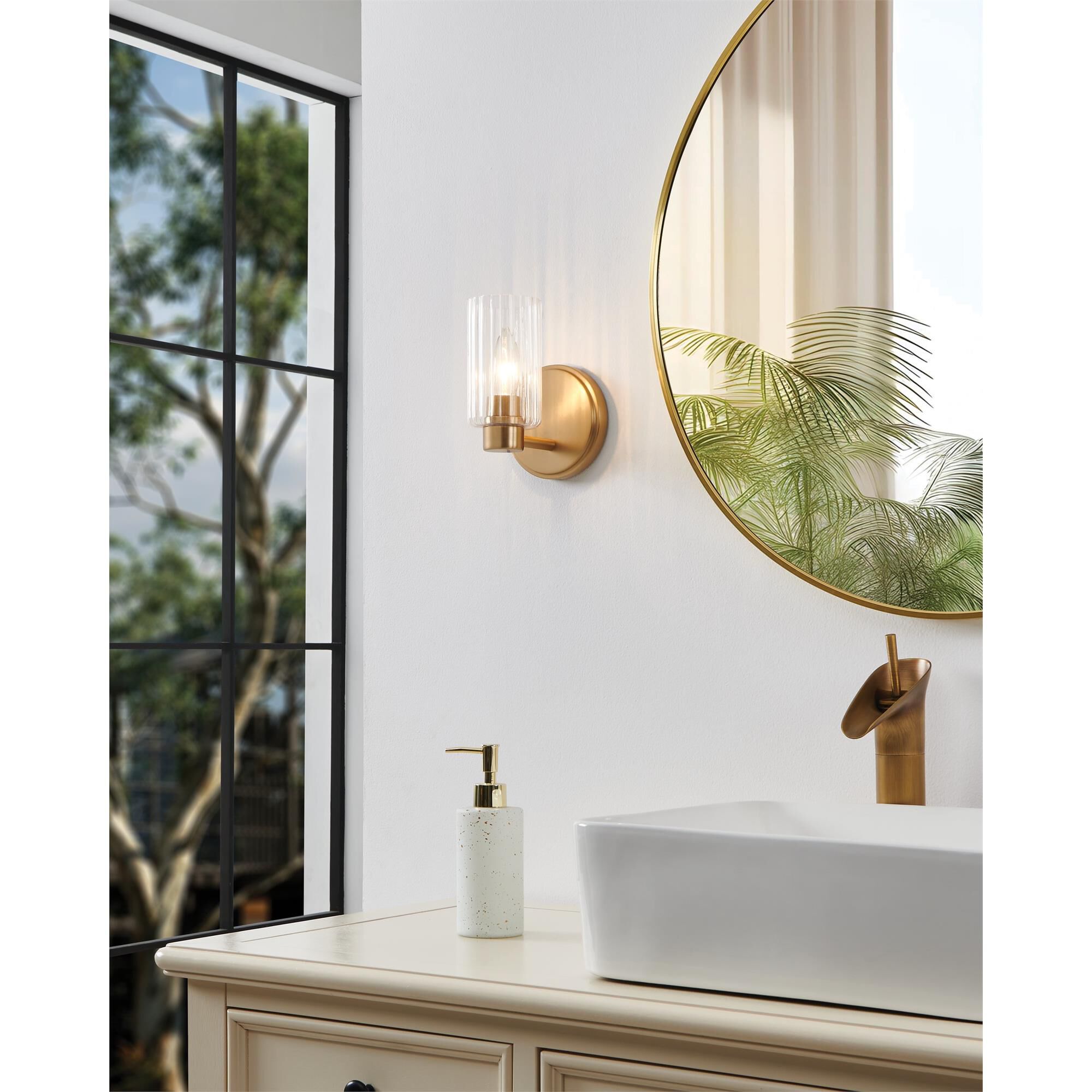 Shown in Champagne Gold finish and Clear Ribbed glass