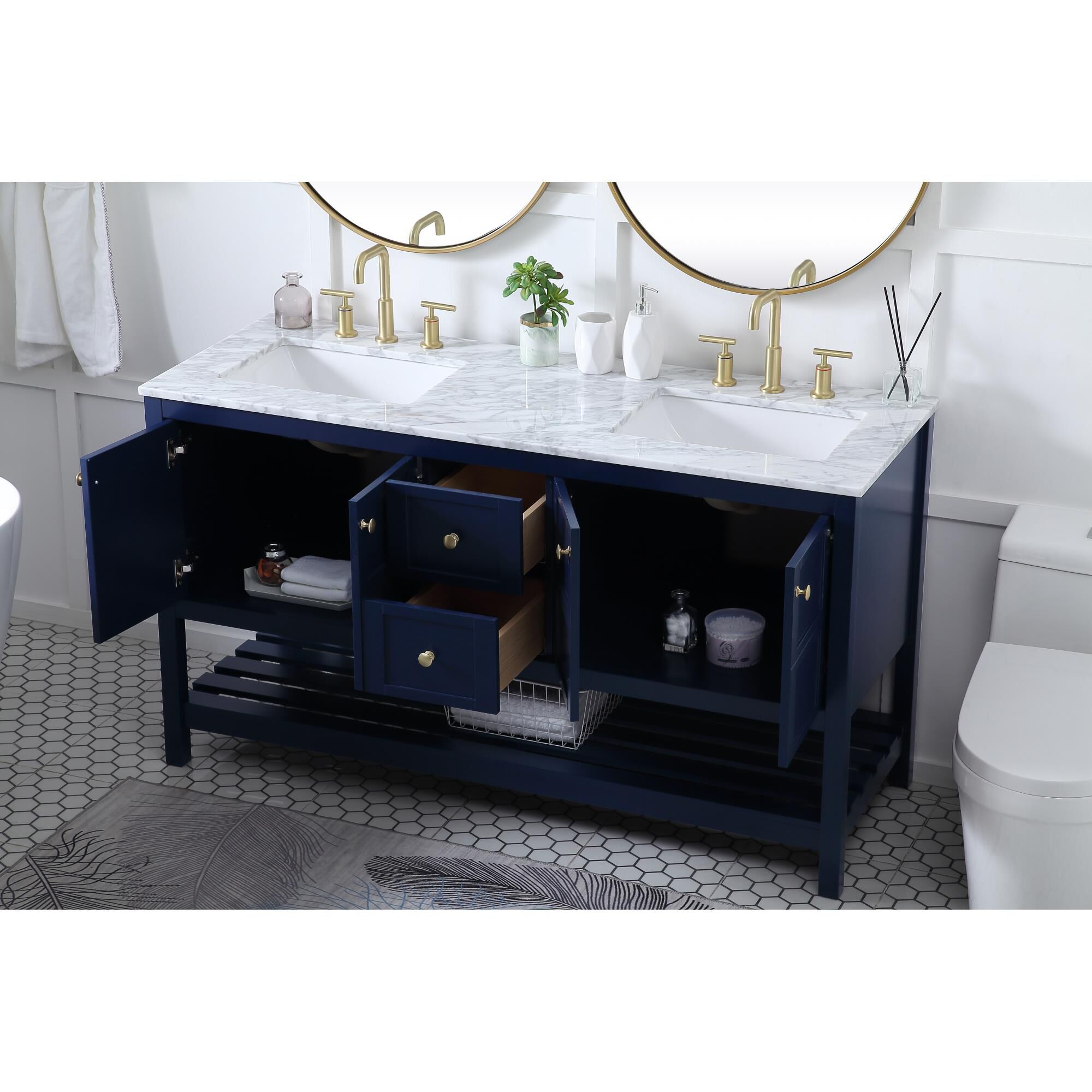 Shown in Blue And Gold With Carrara White Marble finish