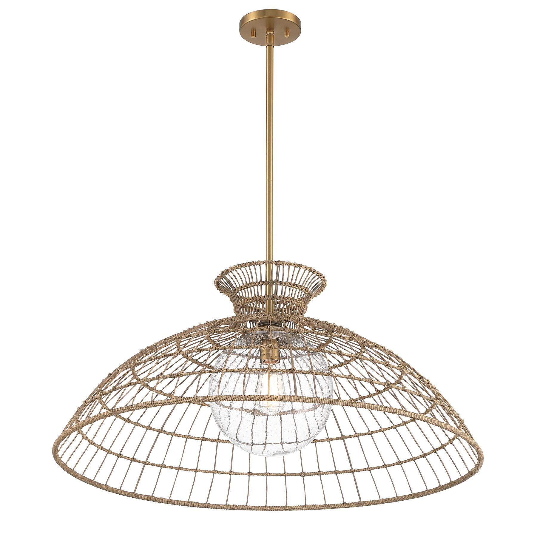 Shown in Warm Brass finish and Clear Seeded glass