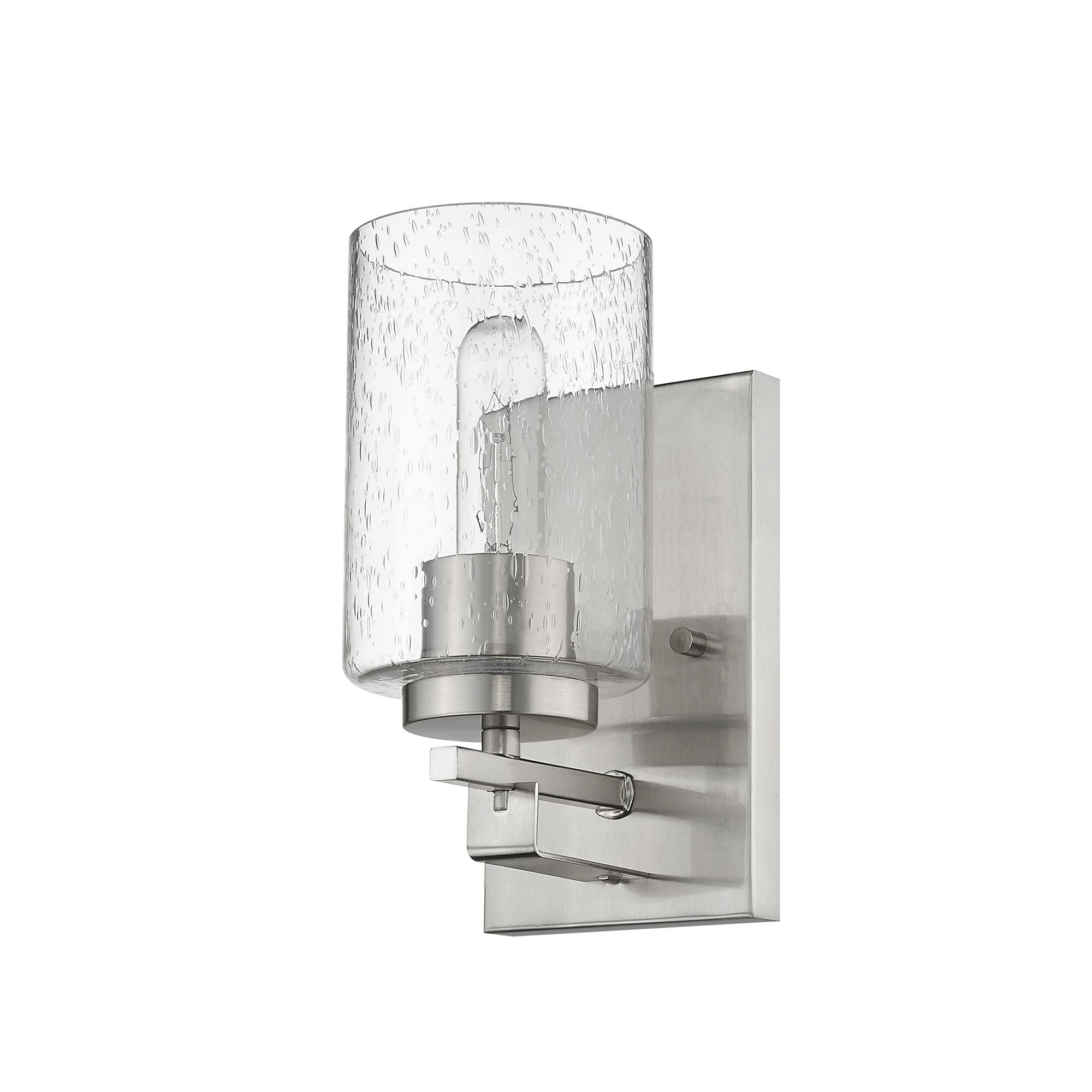 Shown in Satin Nickel finish and Clear glass and Clear, Seeded Cylindrical Glass shade