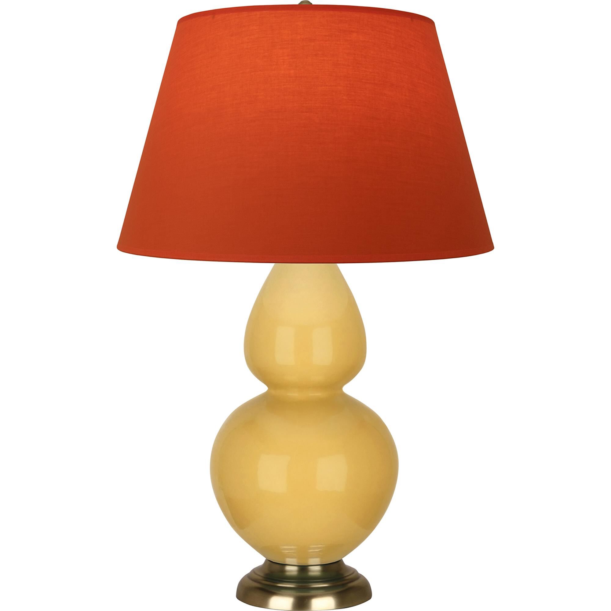Shown in Sunset Yellow finish and Tangerine and Taupe Lining shade and Antique Brass accent