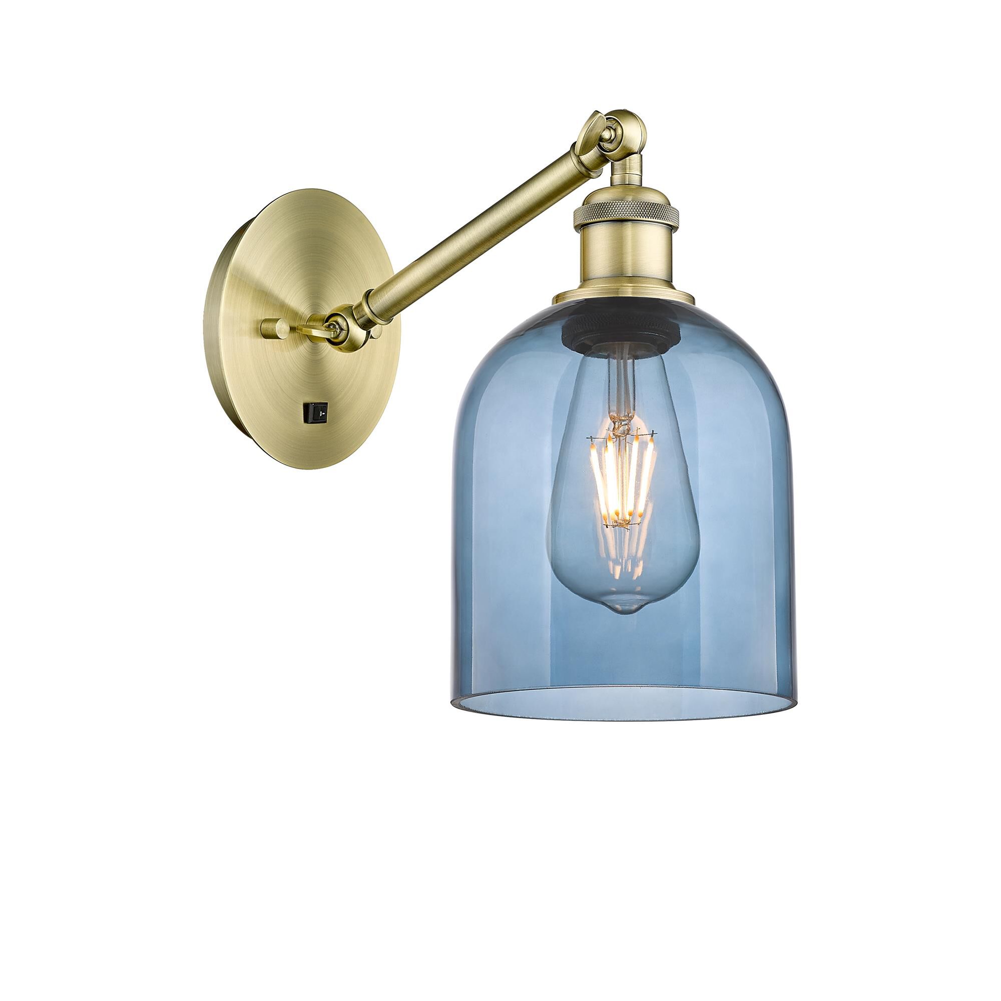 Shown in Antique Brass finish and Princess Blue glass