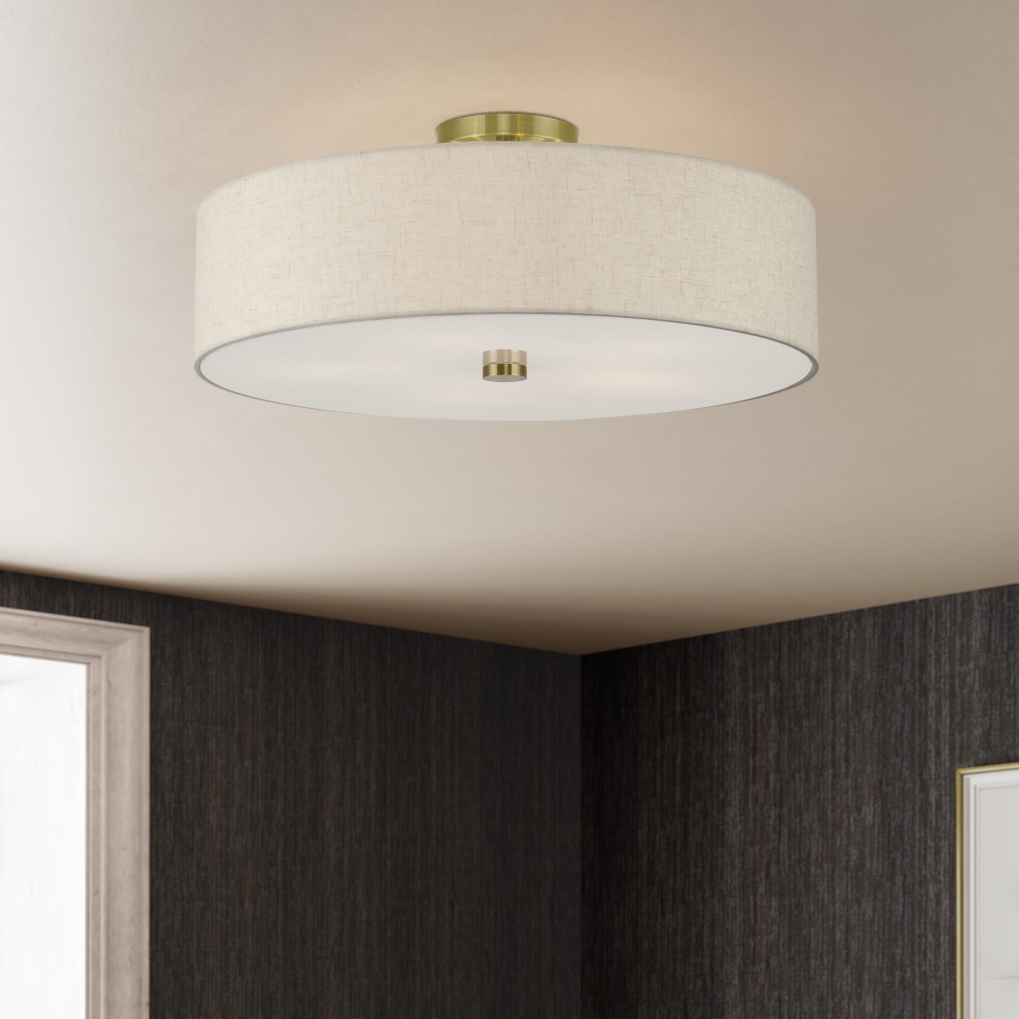 Shown in Antique Brass finish and Hand Crafted Oatmeal Color Fabric with White Color Inside shade