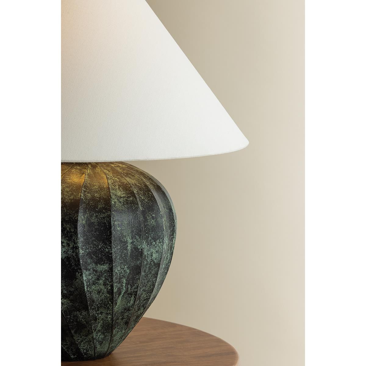 Shown in Patina Brass finish and Off White Linen shade