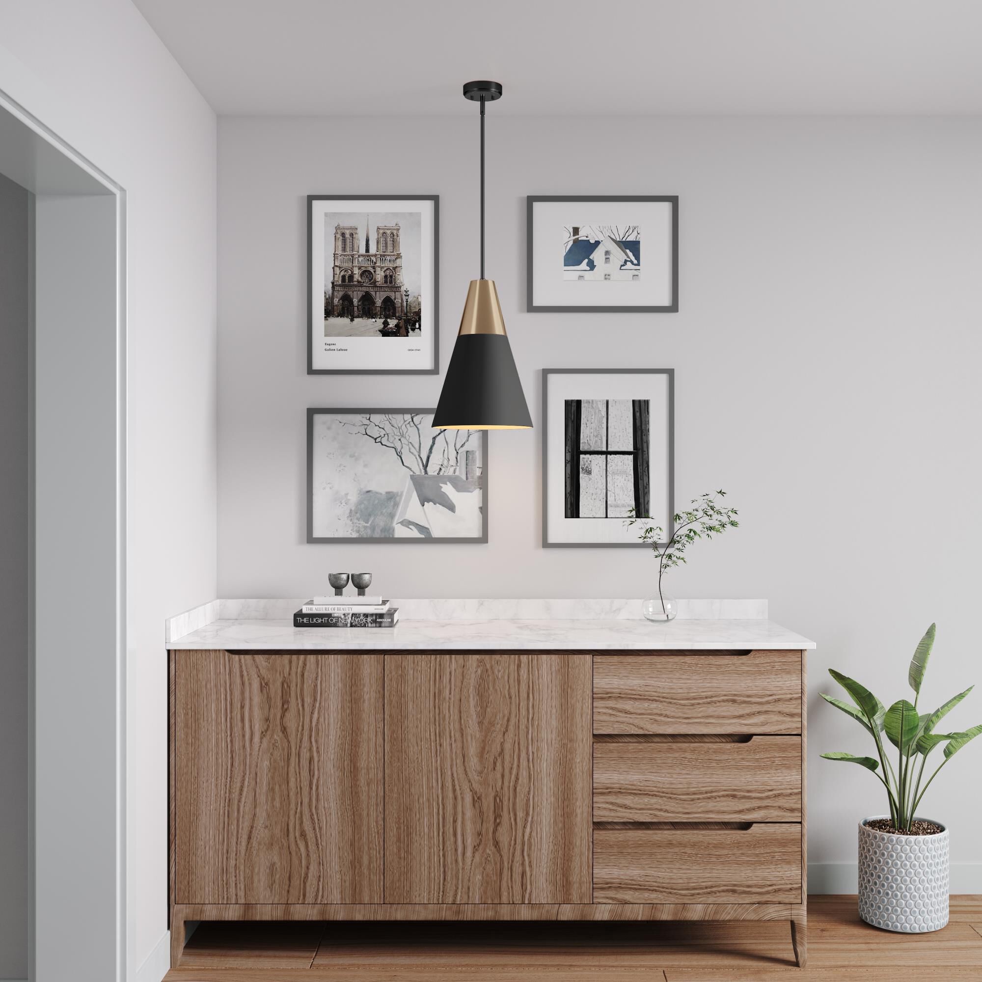 Shown in Matte Black Modern Gold finish and Metal shade