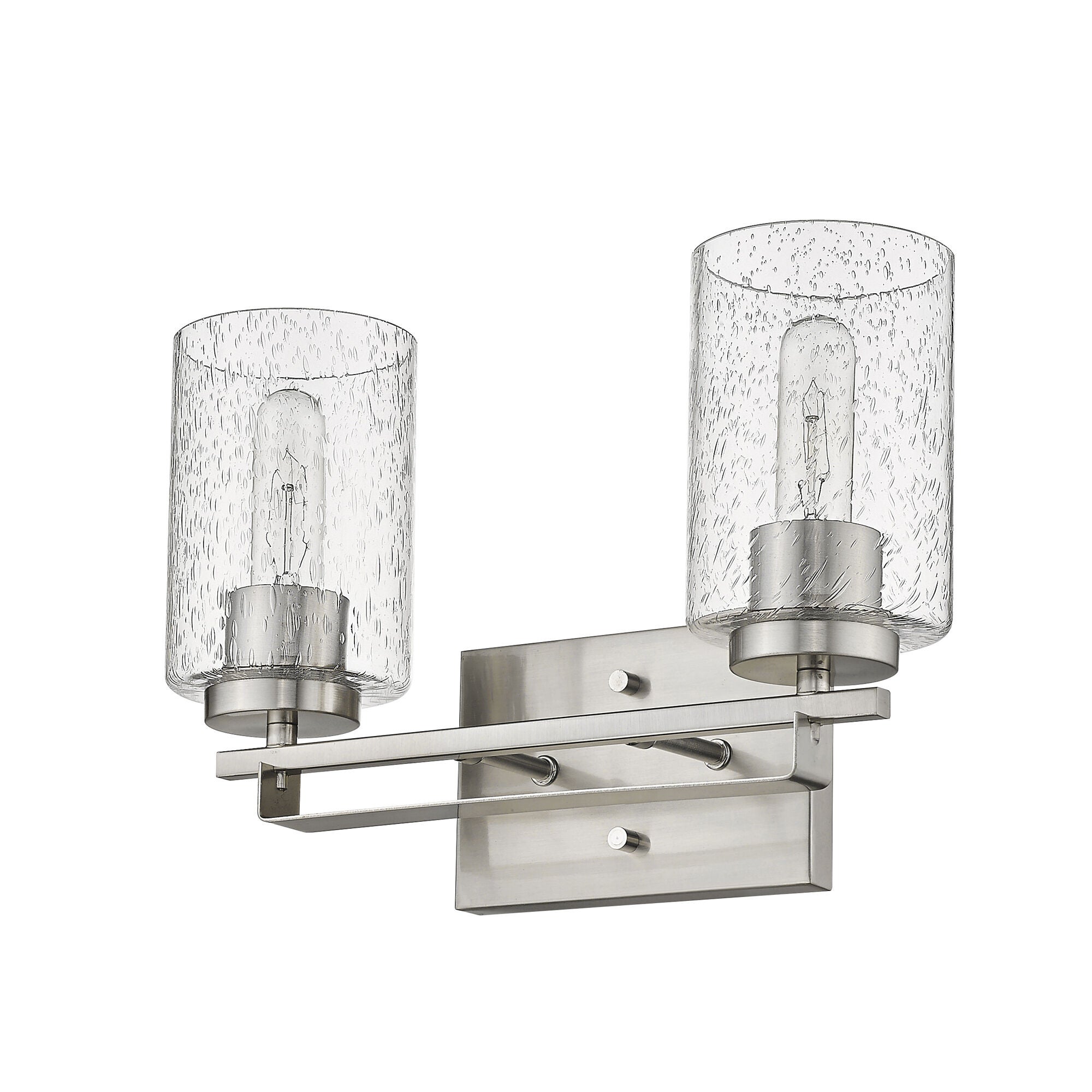 Shown in Satin Nickel finish and Clear glass and Clear, Seeded Cylindrical Glass s shade
