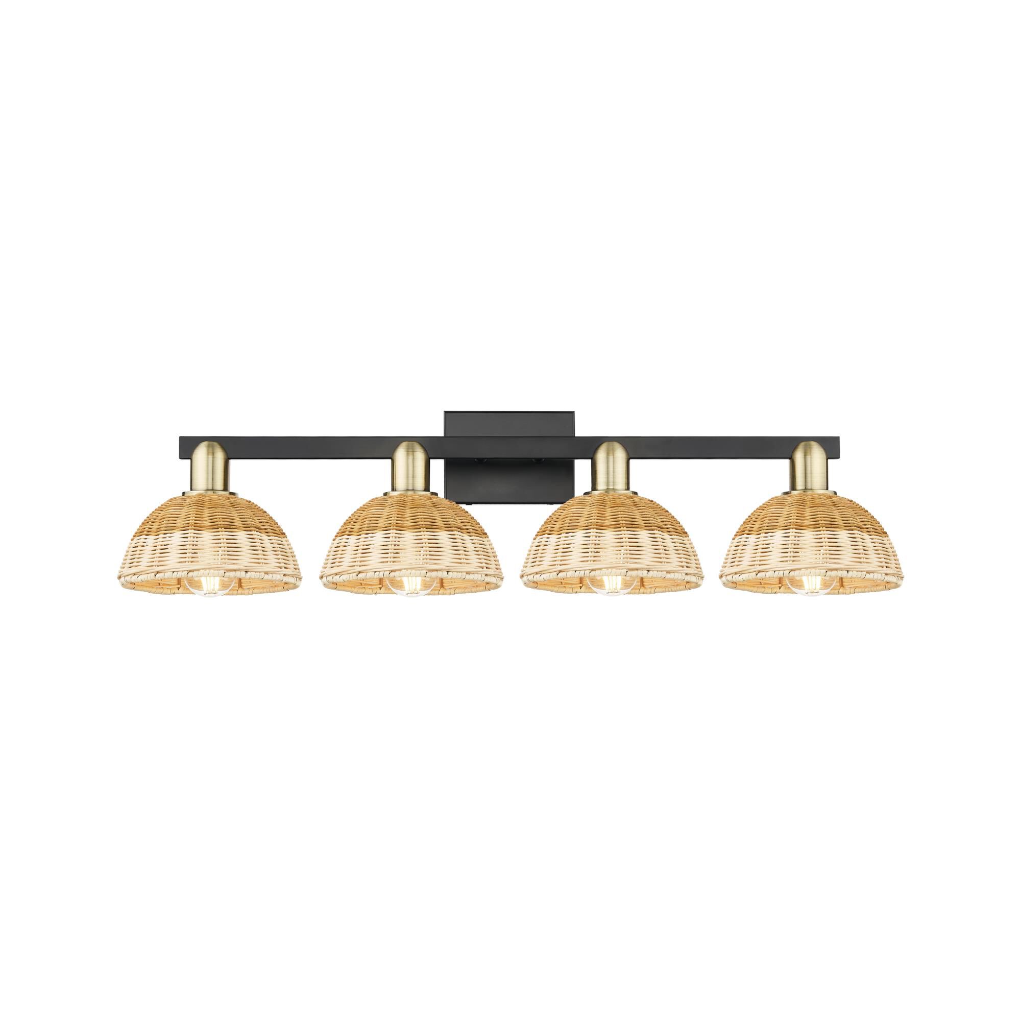 Shown in Black Antique Brass finish and Natural Fiber shade