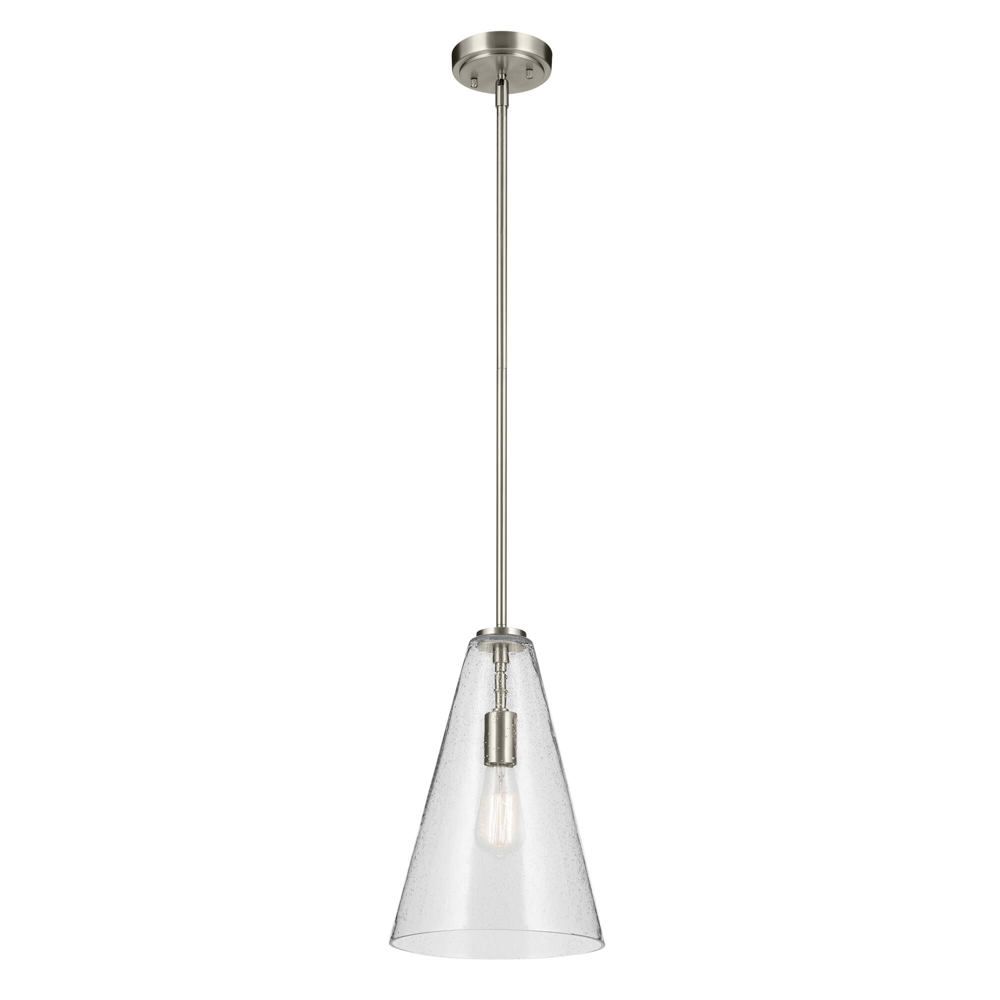 Shown in Brushed Nickel finish and Clear Seeded glass