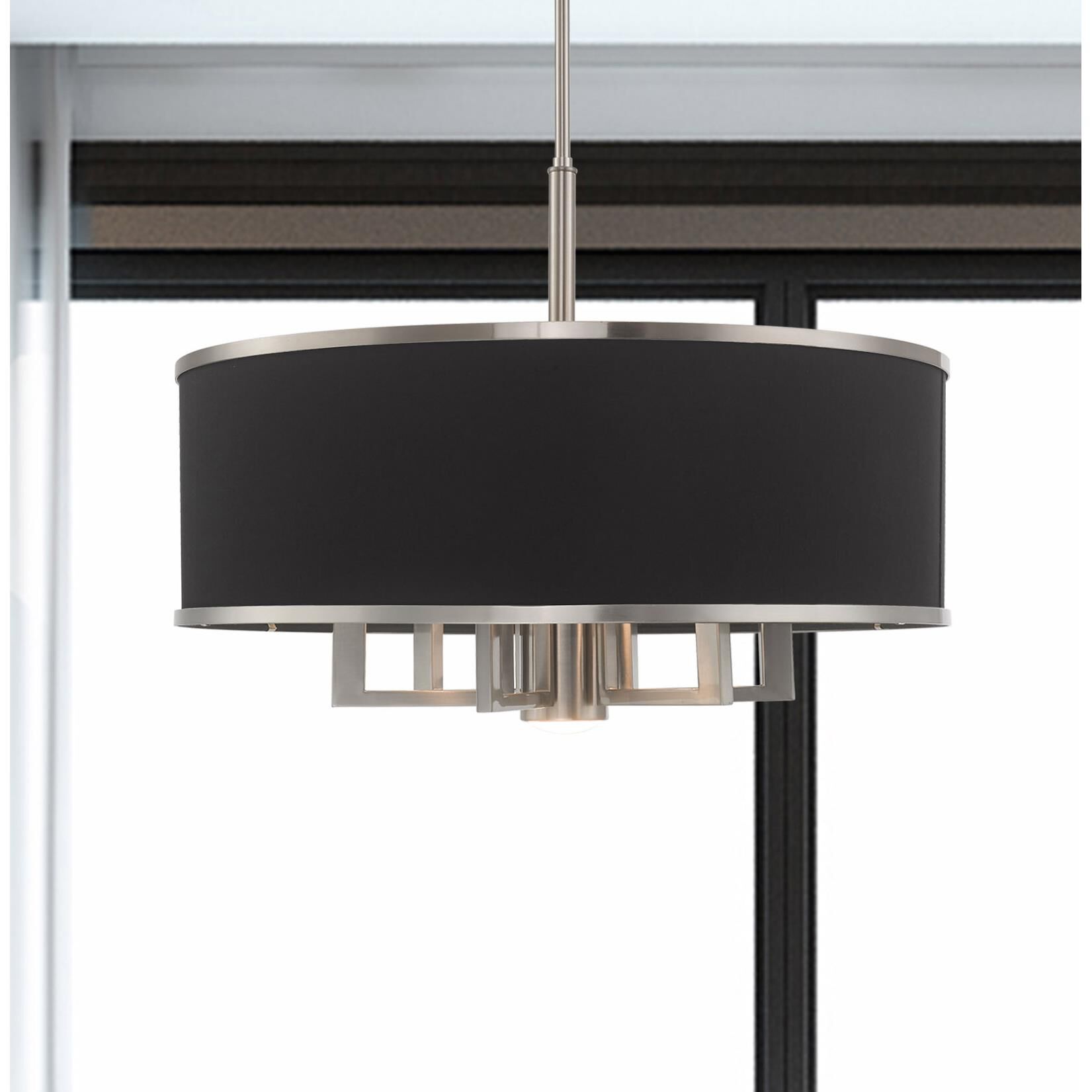 Shown in Brushed Nickel finish and Hand Crafted Black Fabric Hardback shade