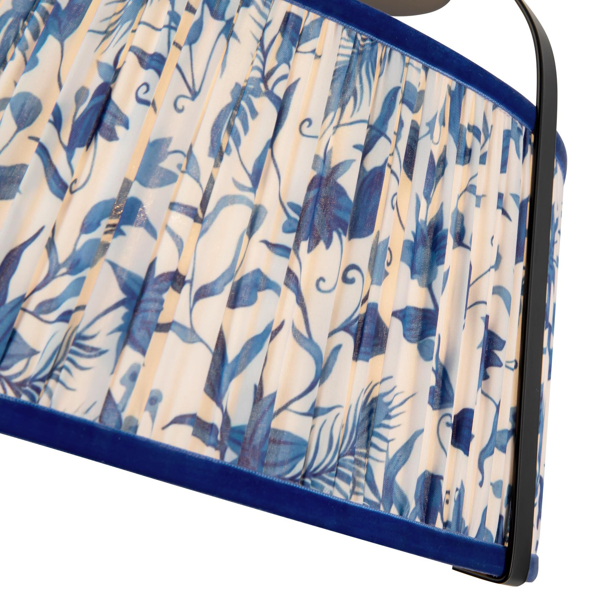 Shown in Matte Black finish and Frosted Polycarbonate Diffuser glass and Blue Linen shade