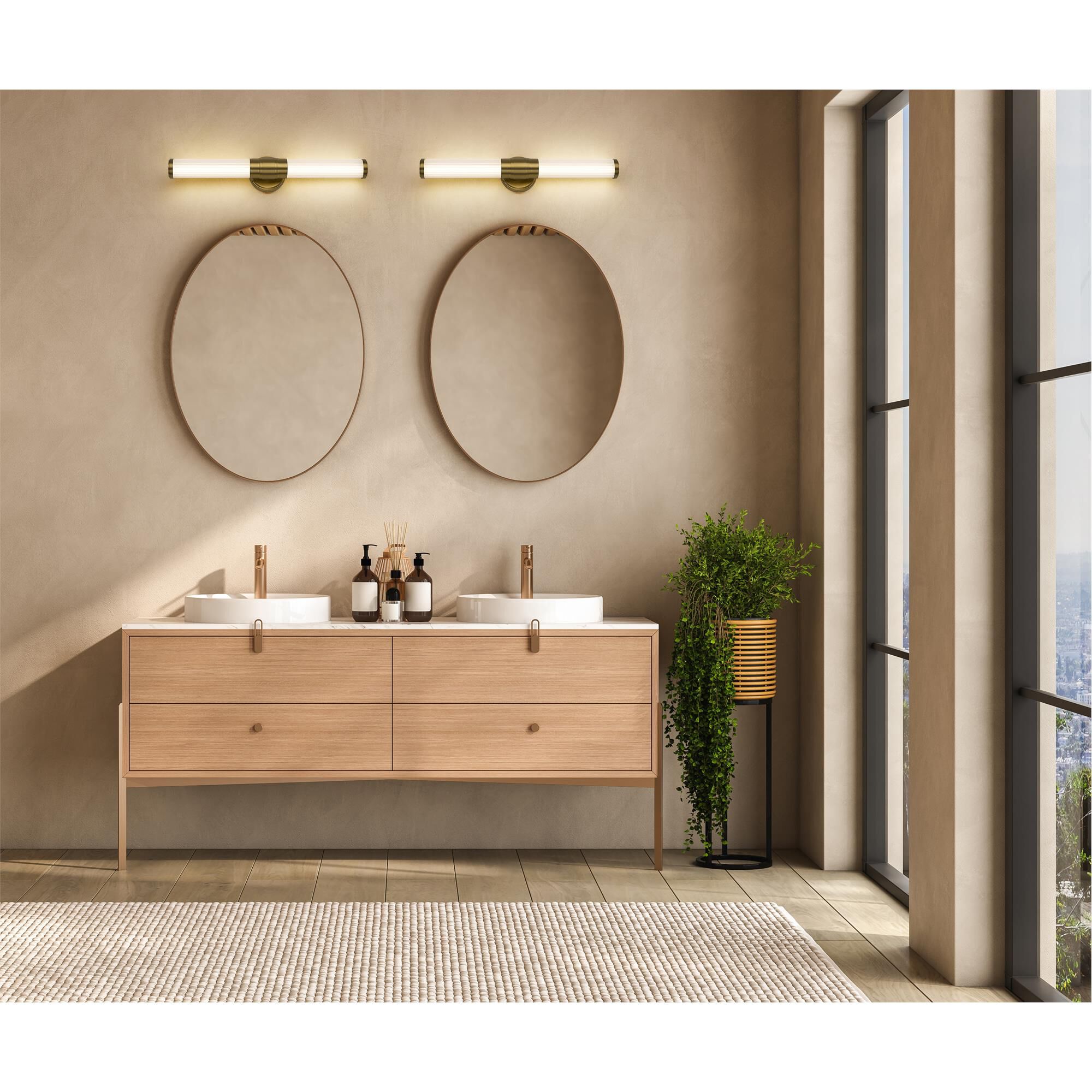 Shown in Modern Gold finish and Opal White glass and Opal White shade