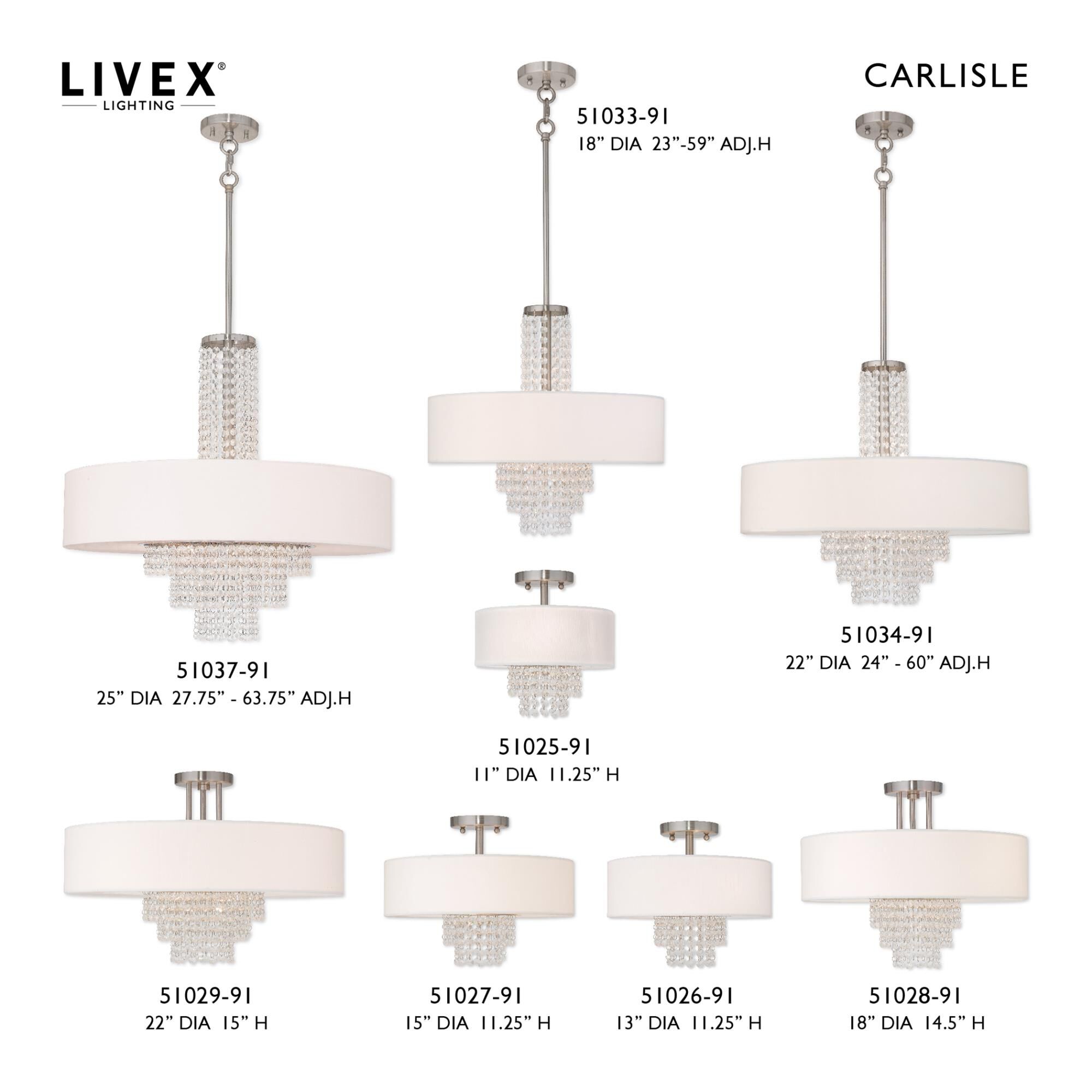 Shown in Brushed Nickel finish and Clear Crystals with Hand Crafted Off-White Fabric Hardback shade