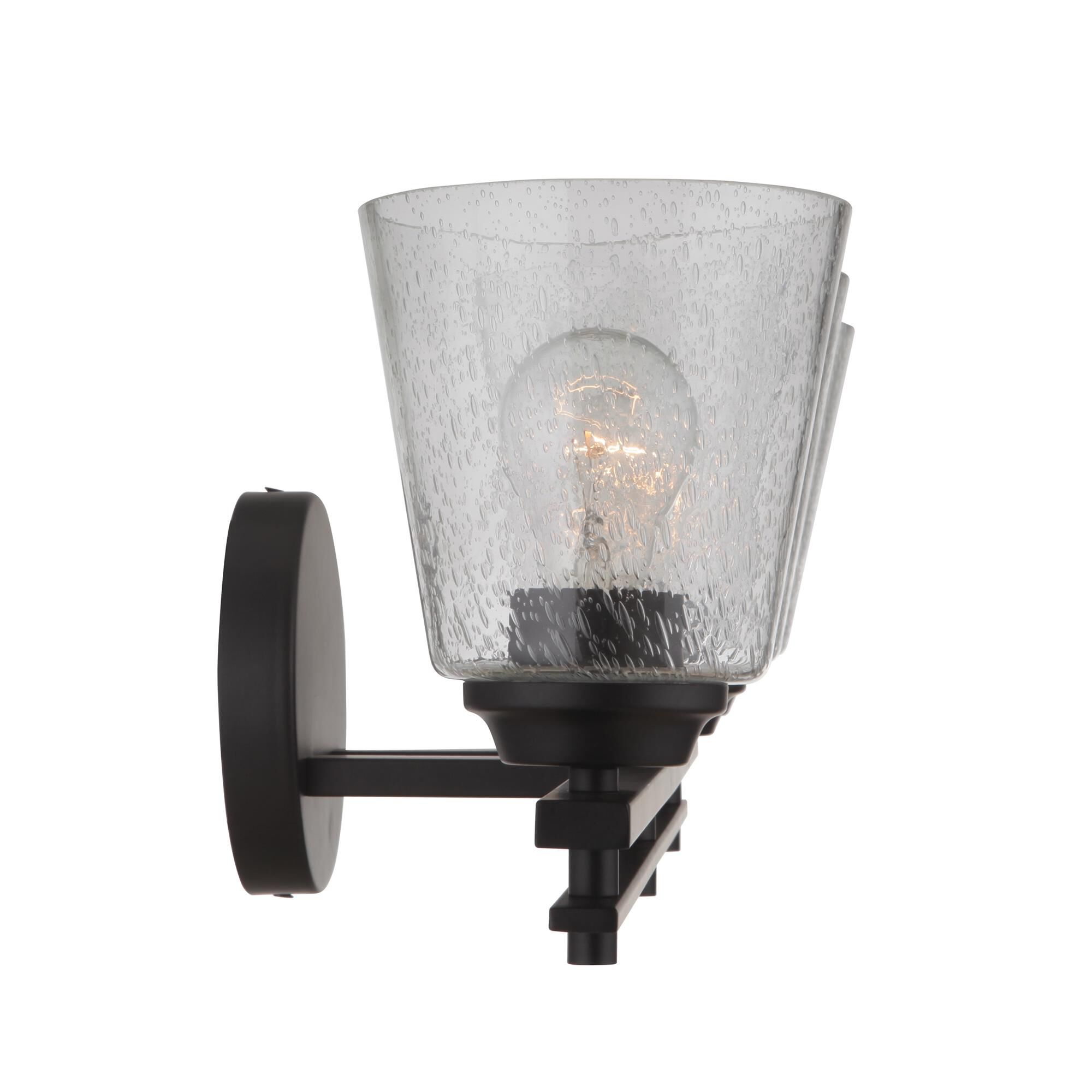 Shown in Flat Black finish and Clear Seeded glass and Glass shade