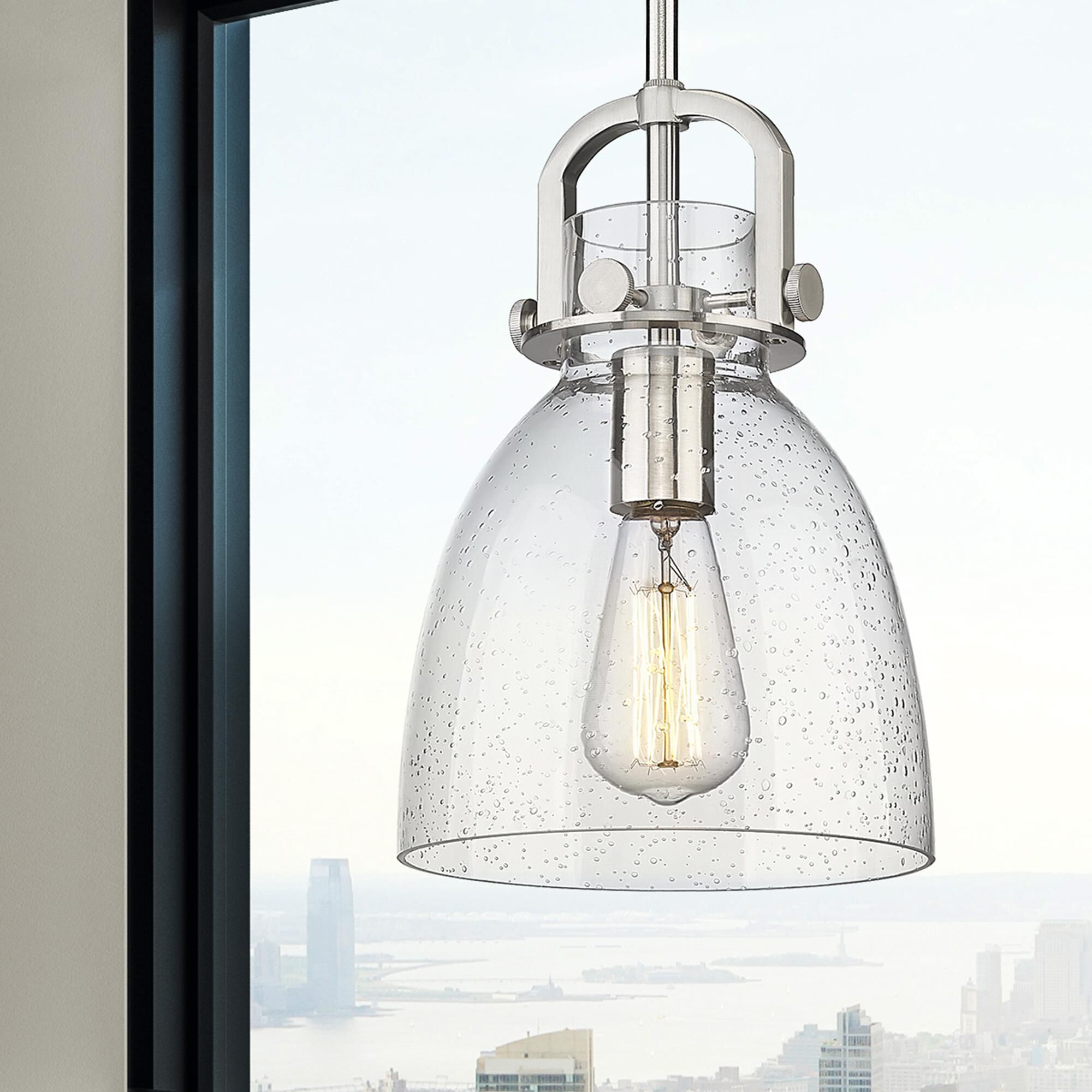 Shown in Satin Nickel finish and Seedy glass