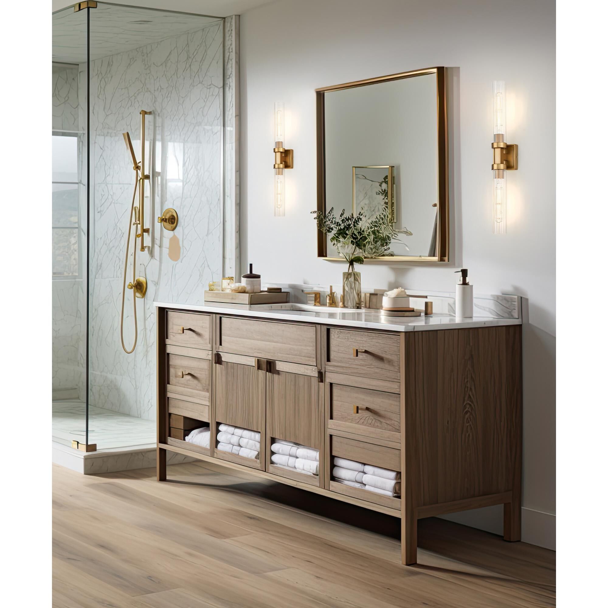 Shown in Rubbed Brass finish and Clear Ribbed glass and Clear Ribbed shade