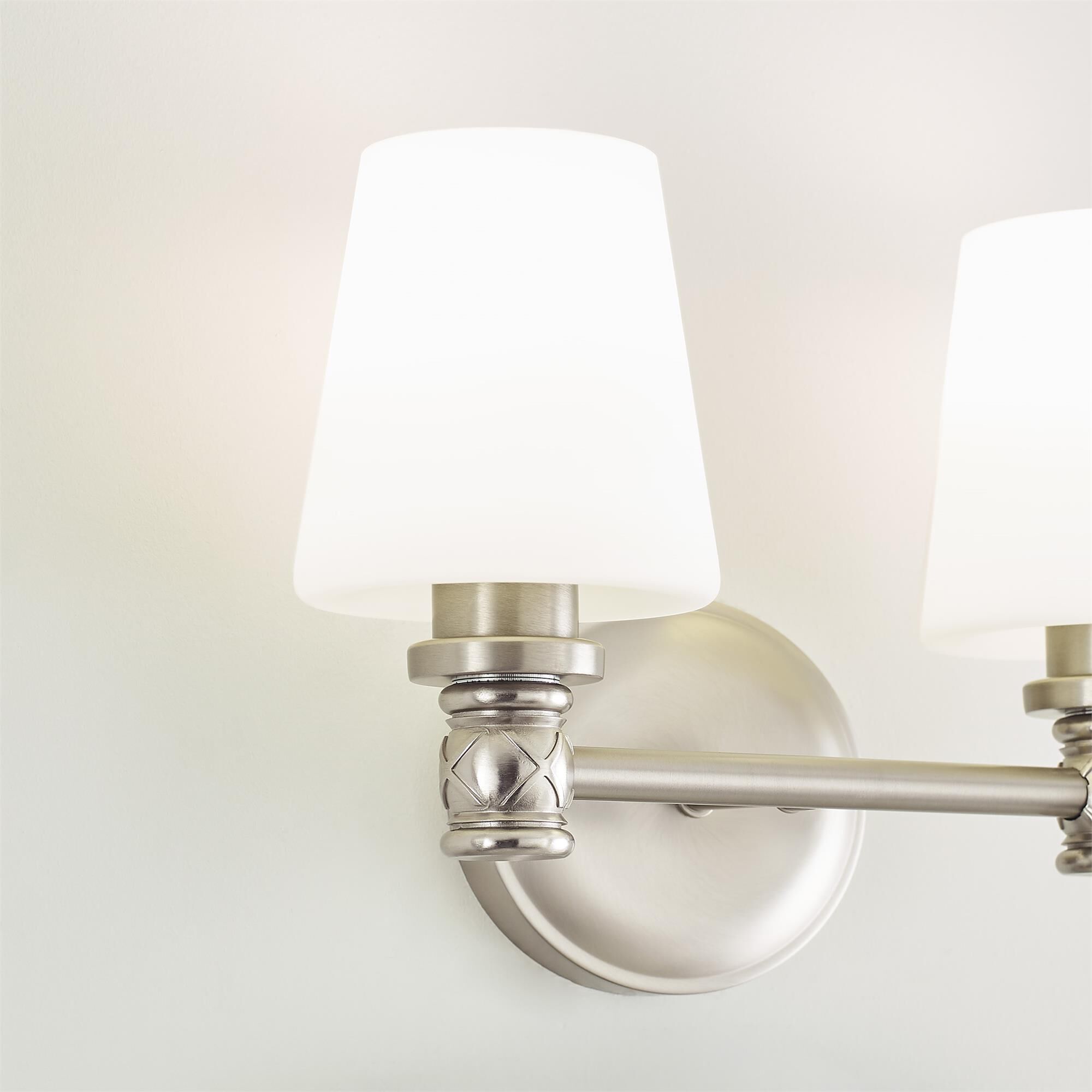 Shown in Satin Nickel finish and Opal Etched Cased glass