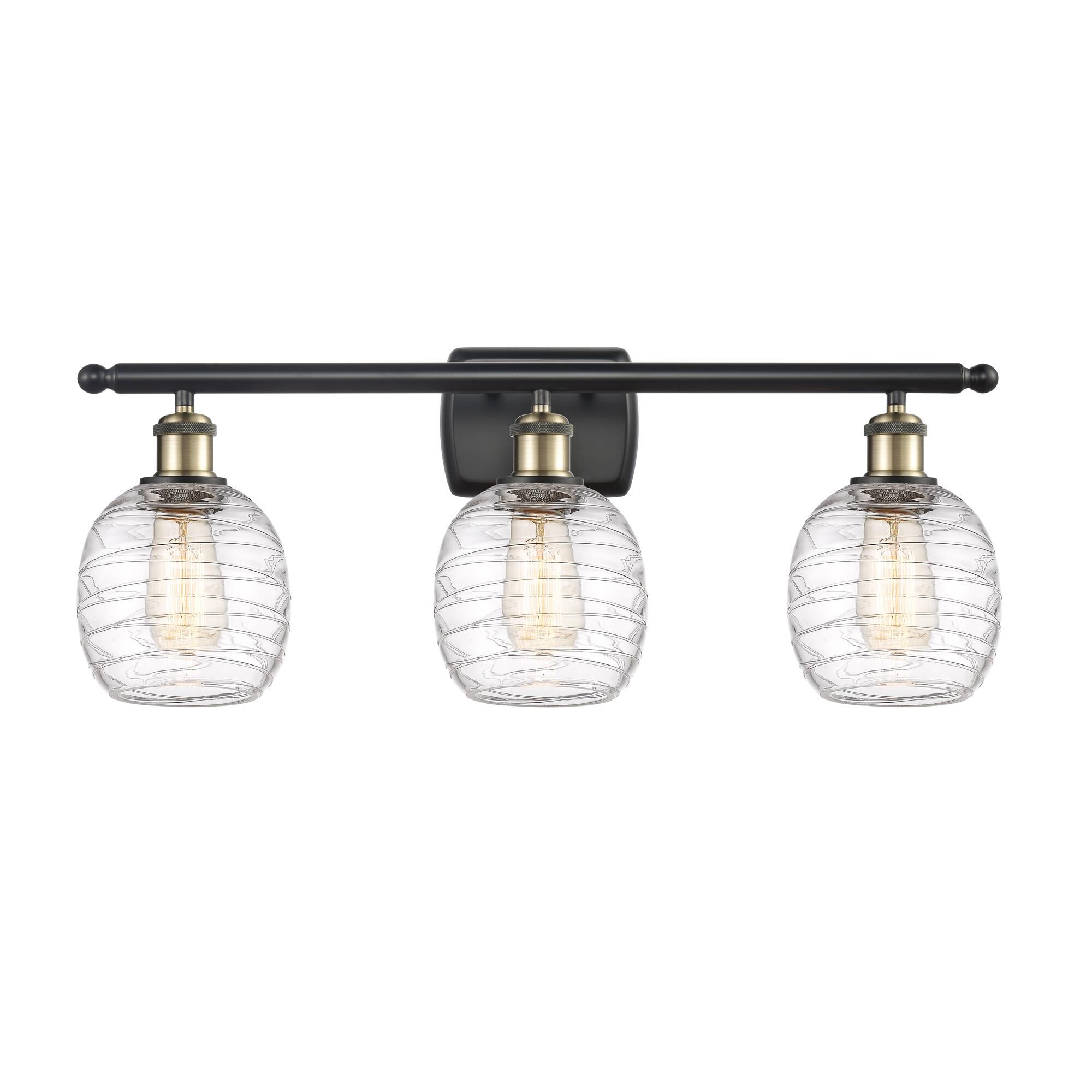 Shown in Black Antique Brass finish and Deco Swirl Belfast glass