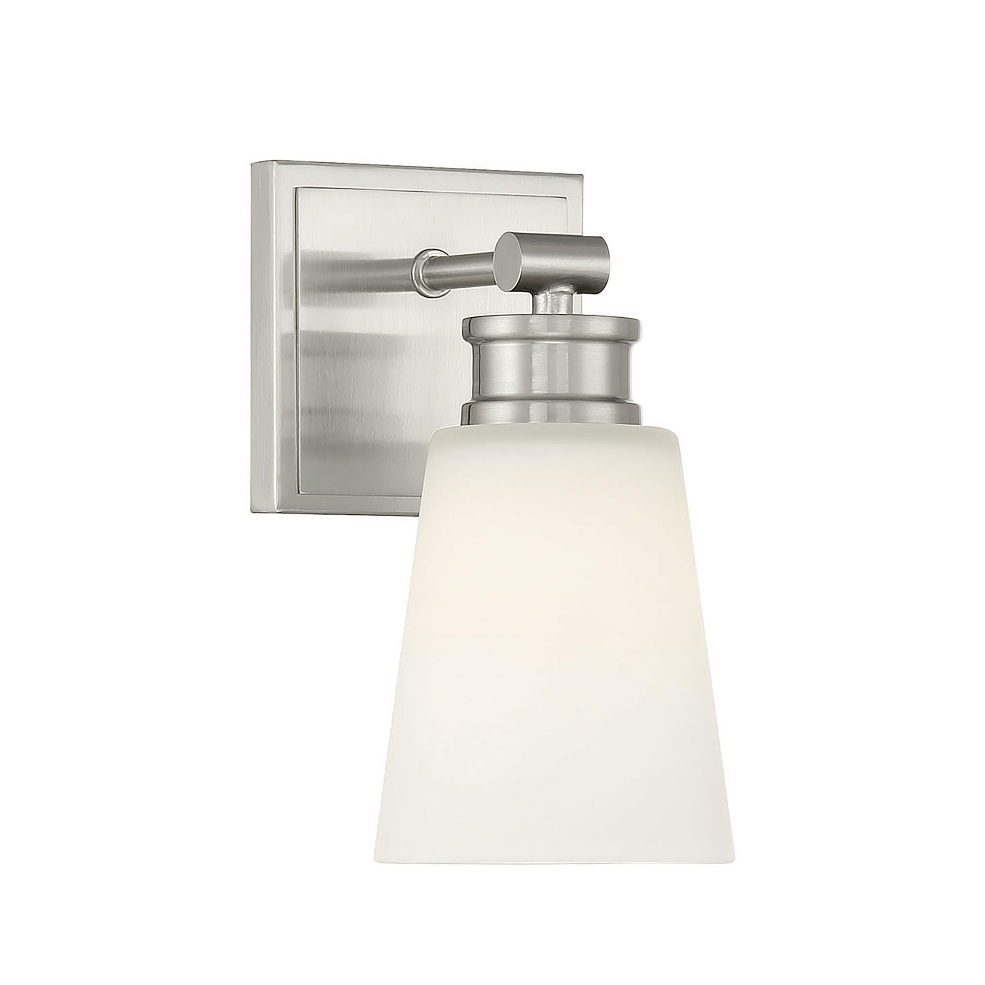 Shown in Brushed Nickel finish and Milk glass