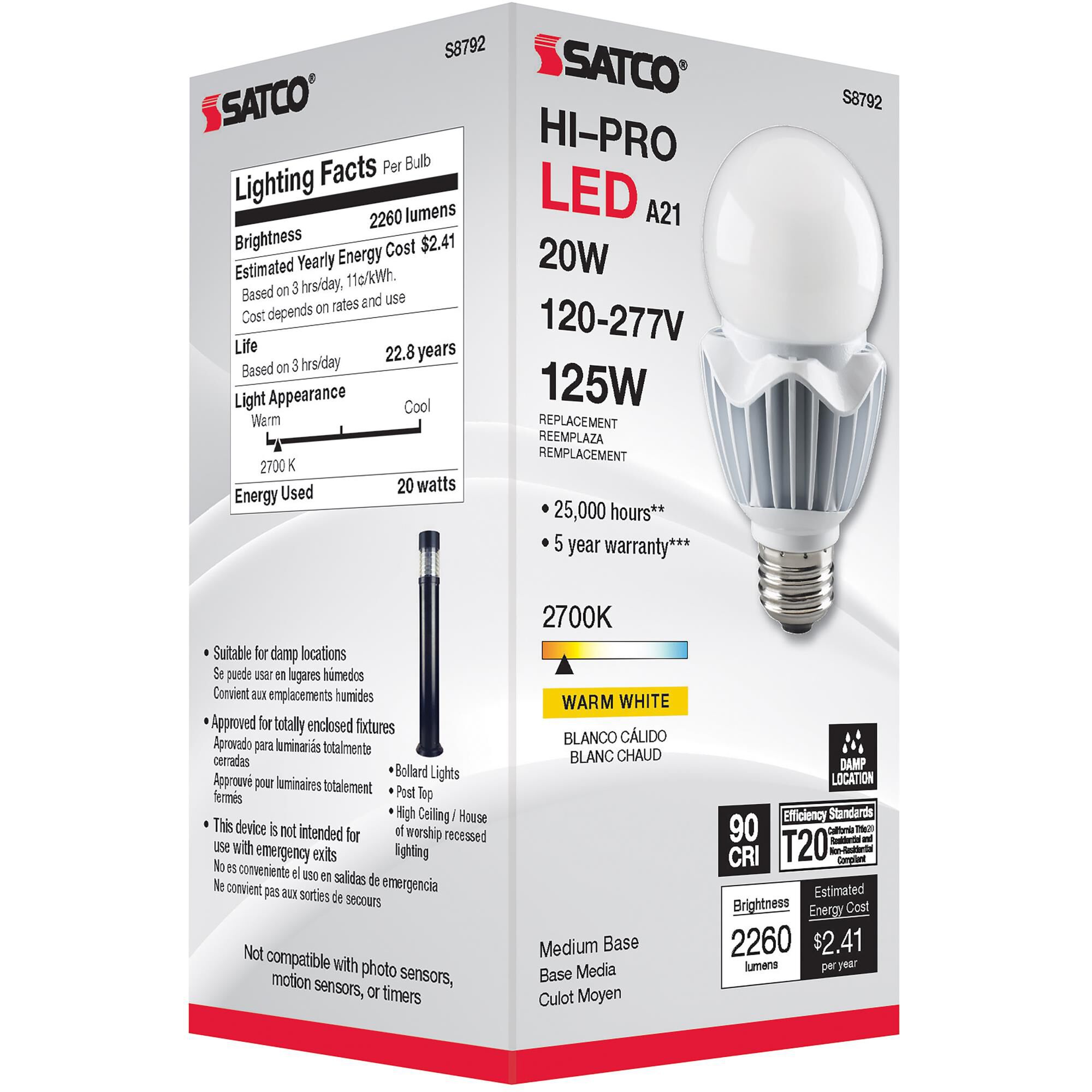 20 Watt 2700K A21 LED Light Bulb by Satco