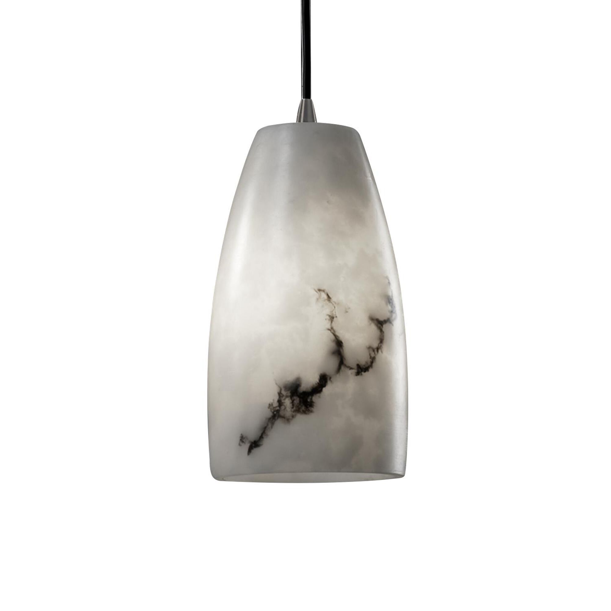 Shown in Brushed Nickel finish and Faux Alabaster Resin glass and Tall Tapered Cylinder accent