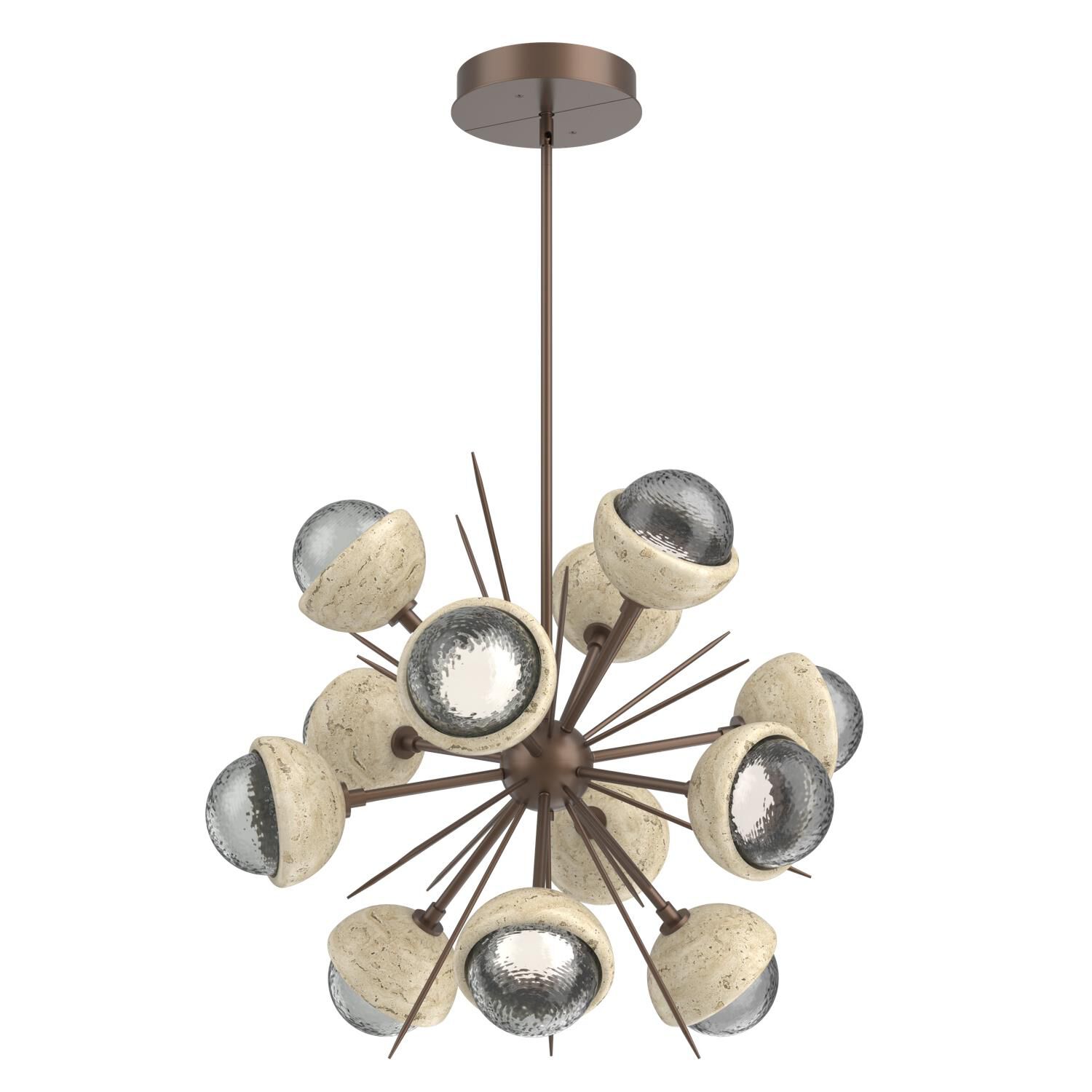 Shown in Burnished Bronze finish and Smoke glass and Travertine Stone accent