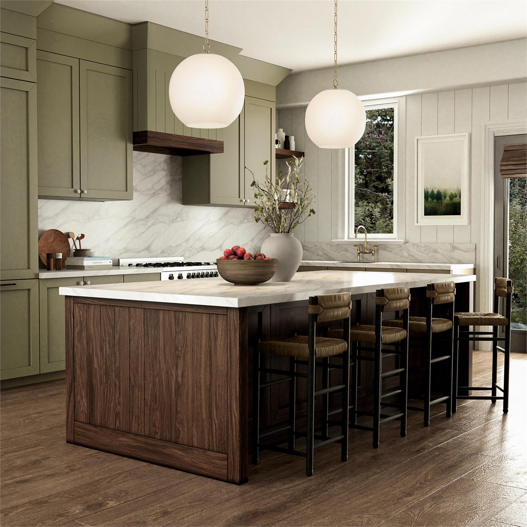 Shown in Matte Brass finish and Faux Alabaster glass