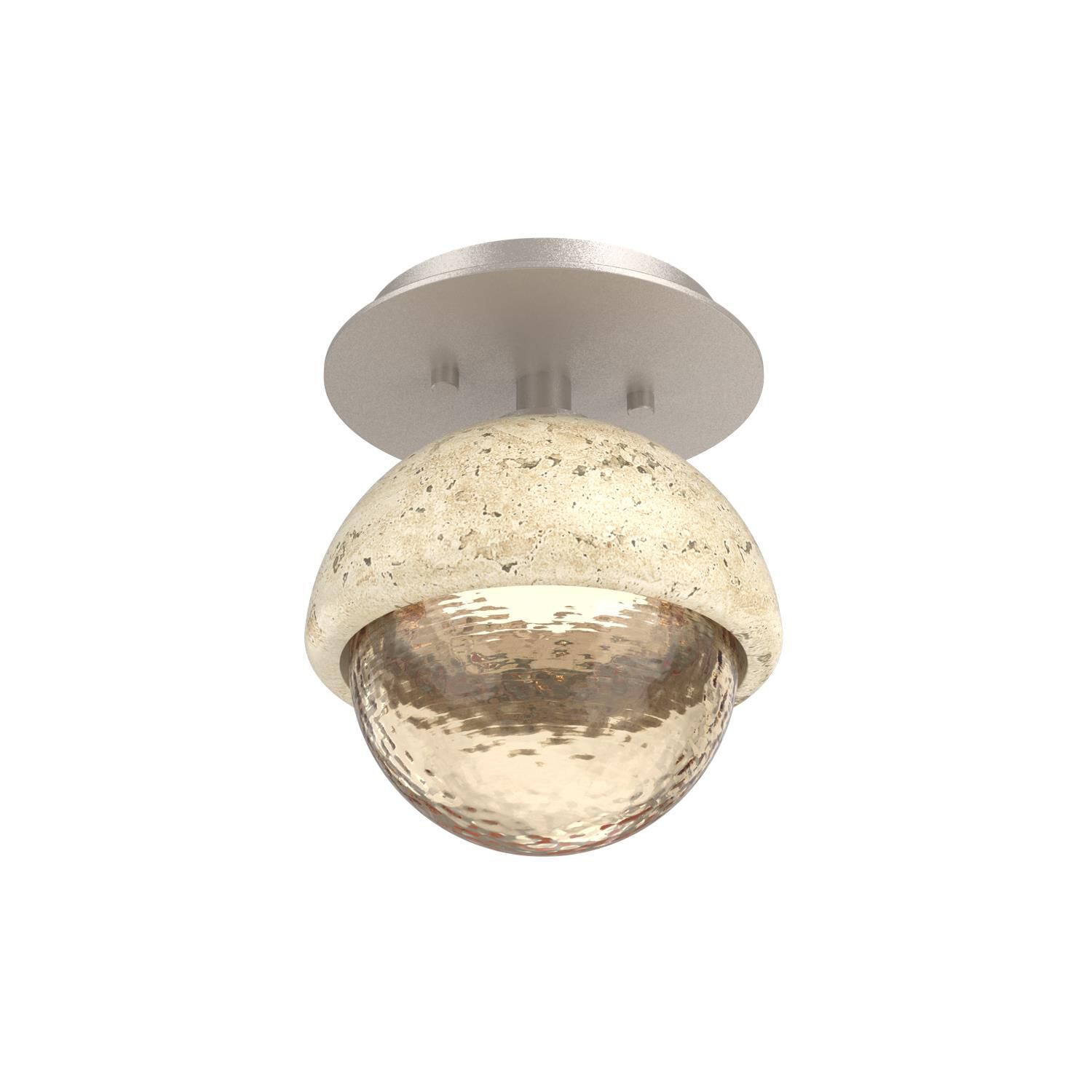 Shown in Beige Silver finish and Amber glass and Travertine Stone accent