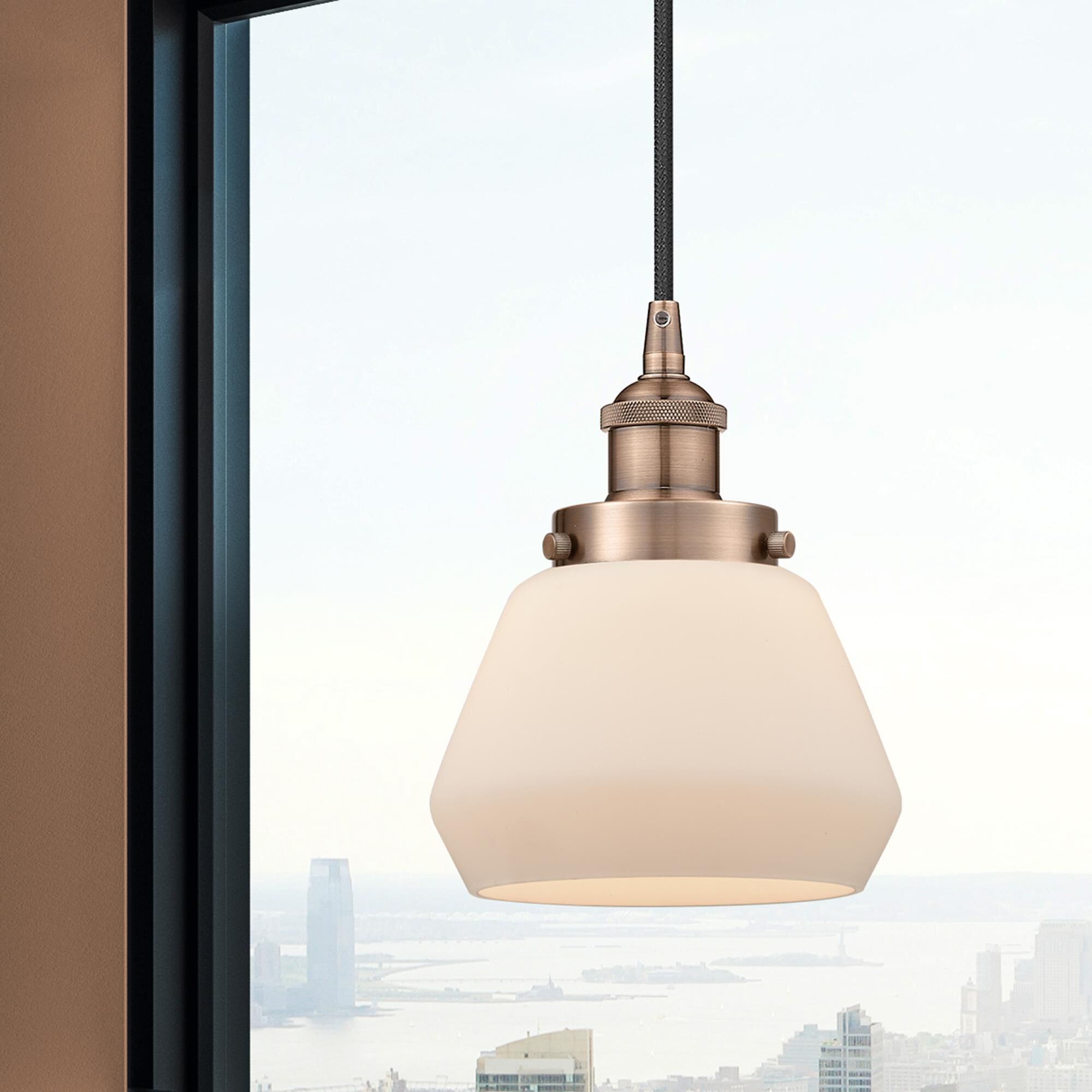 Shown in Antique Copper finish and Matte White glass
