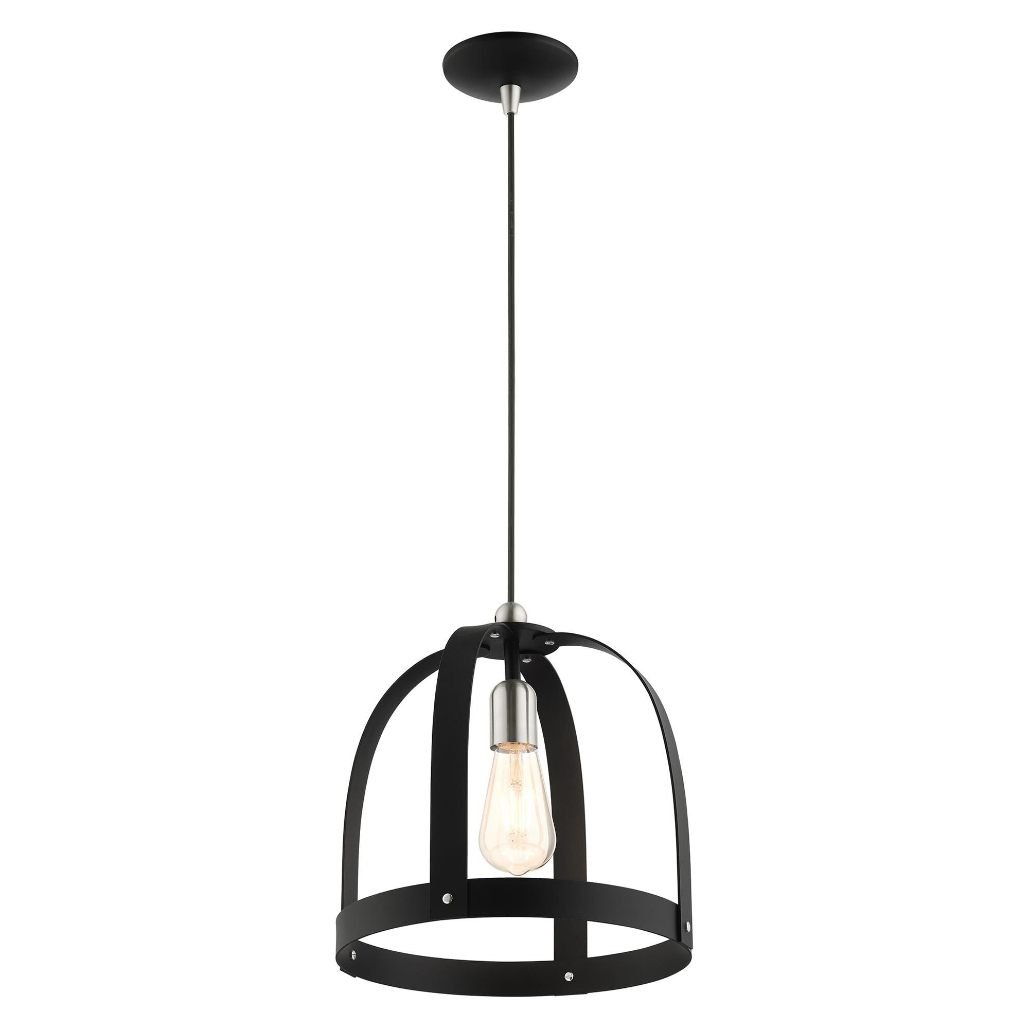 Shown in Textured Black finish and Textured Black Steel  With Brushed Nickel Accents shade