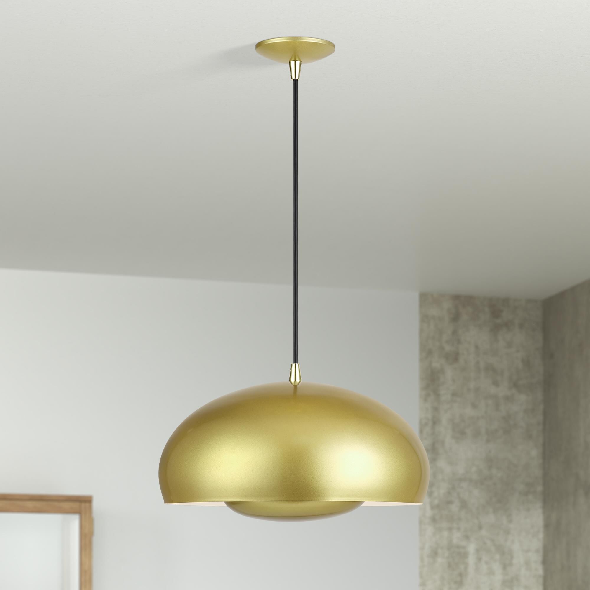 Shown in Soft Gold with Polished Brass Accents finish and Soft Gold Steel with Shiny White Inside shade