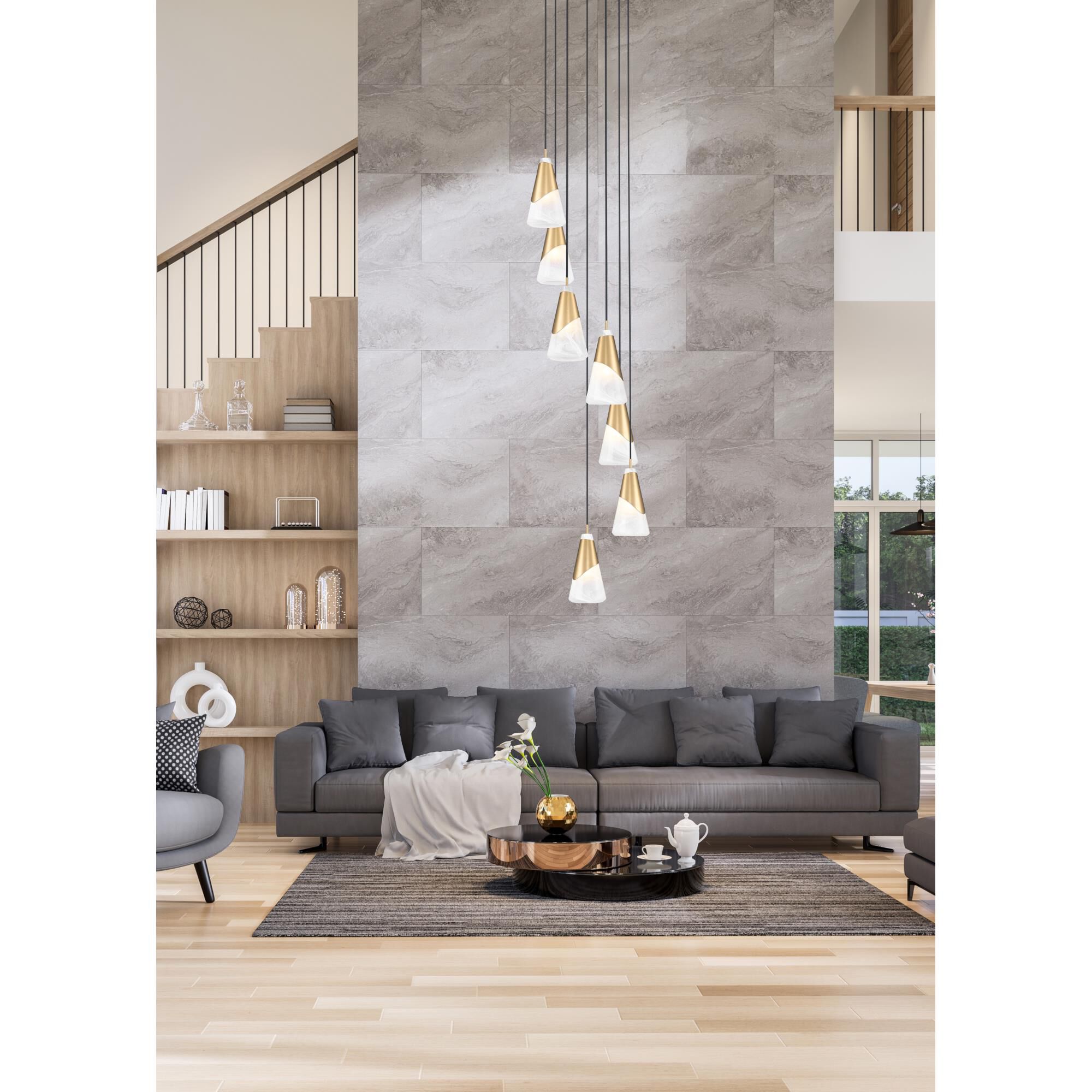 Shown in Modern Gold finish and White Swirl glass and White Swirl shade