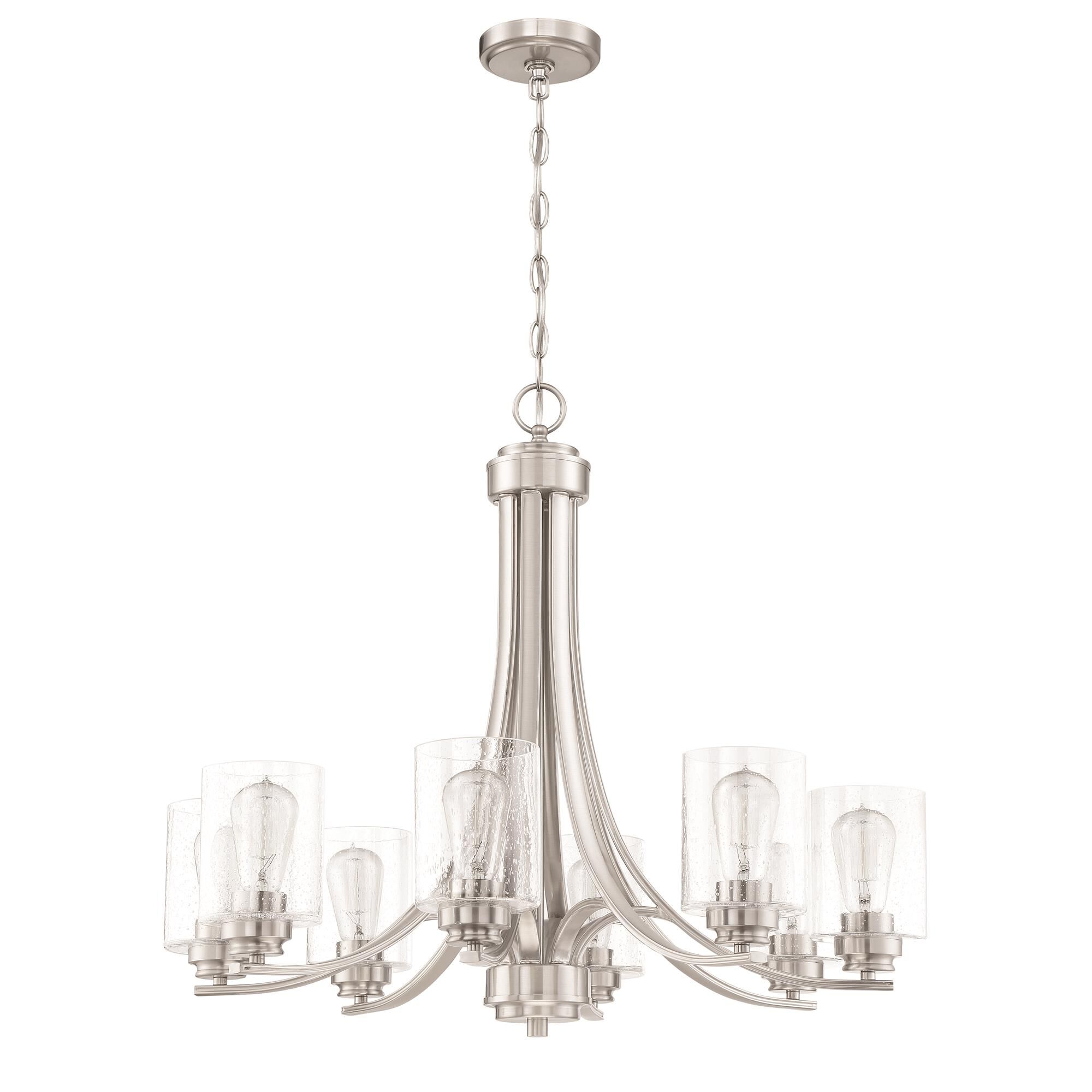 Shown in Brushed Polished Nickel finish and Clear Seeded glass and Glass shade
