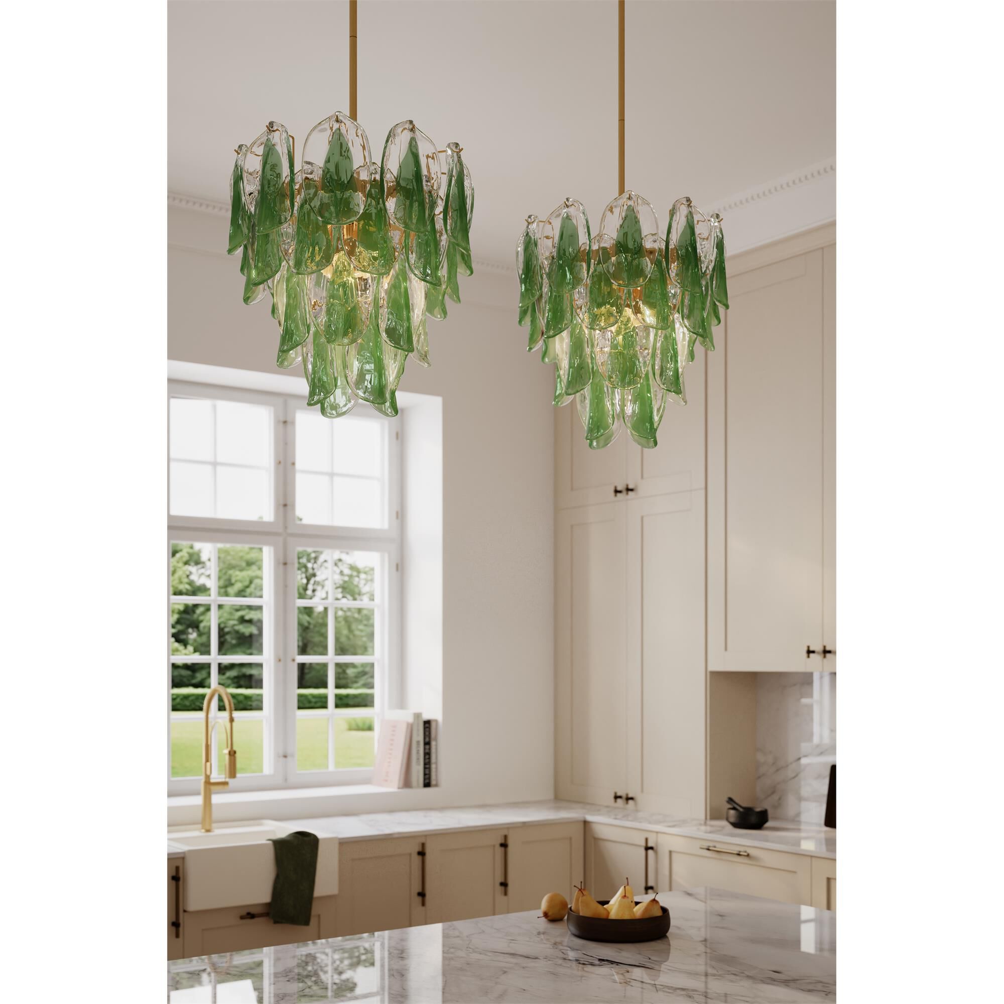 Shown in Legacy Brass finish and Green and Clear Hand-Formed glass