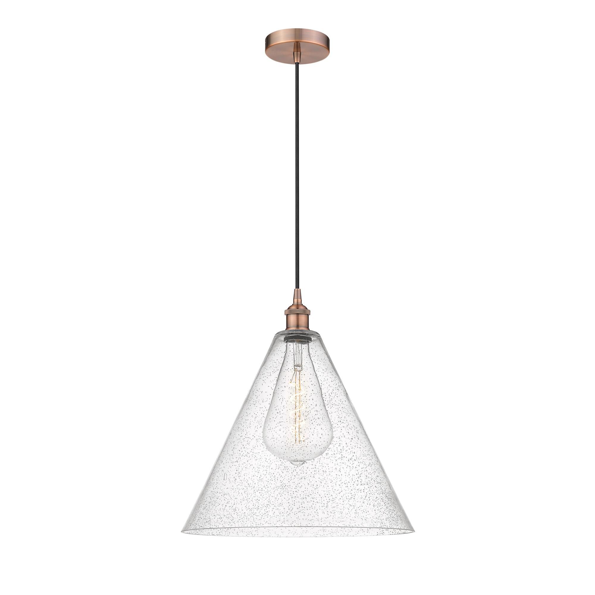 Shown in Antique Copper finish and Seedy Edison Cone glass