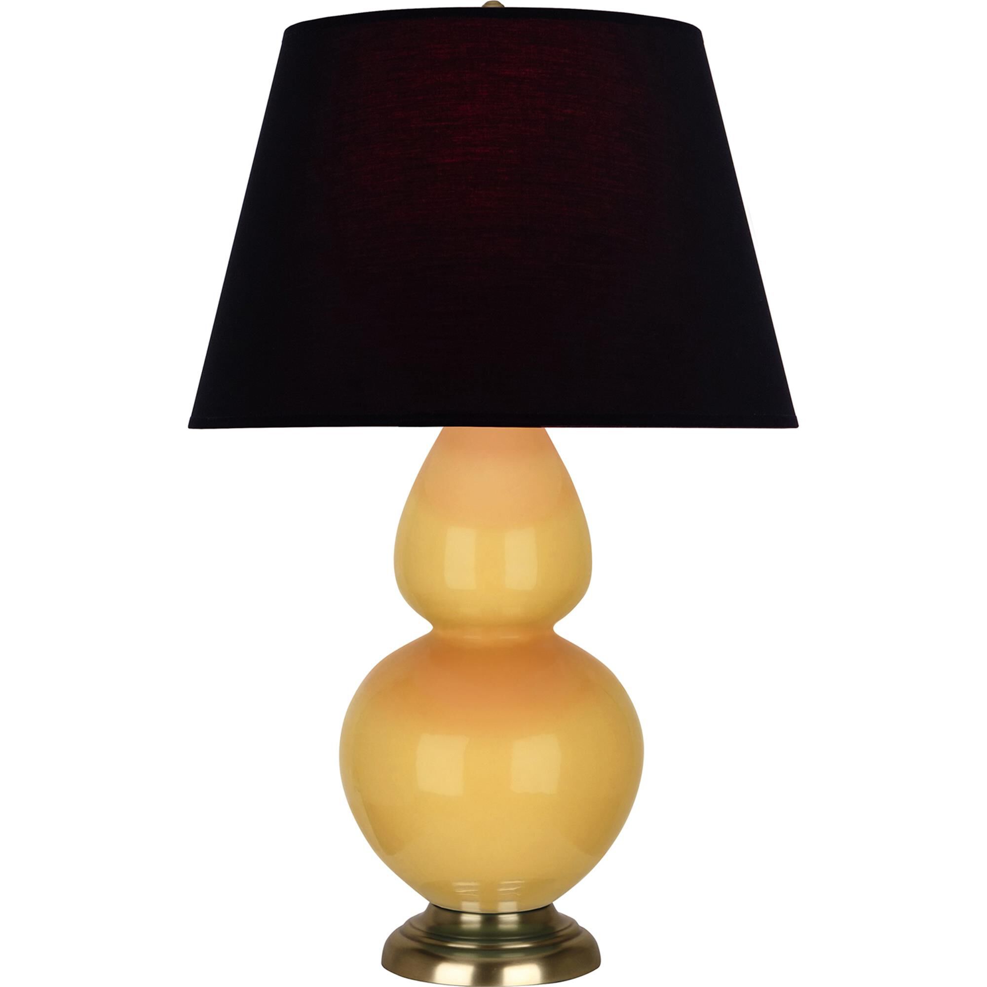 Shown in Sunset Yellow finish and Black and Red shade and Antique Brass accent
