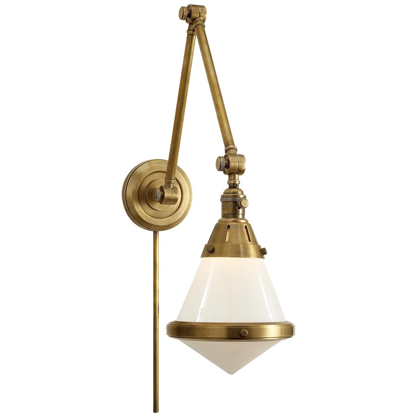 Shown in Hand-Rubbed Antique Brass finish and White glass