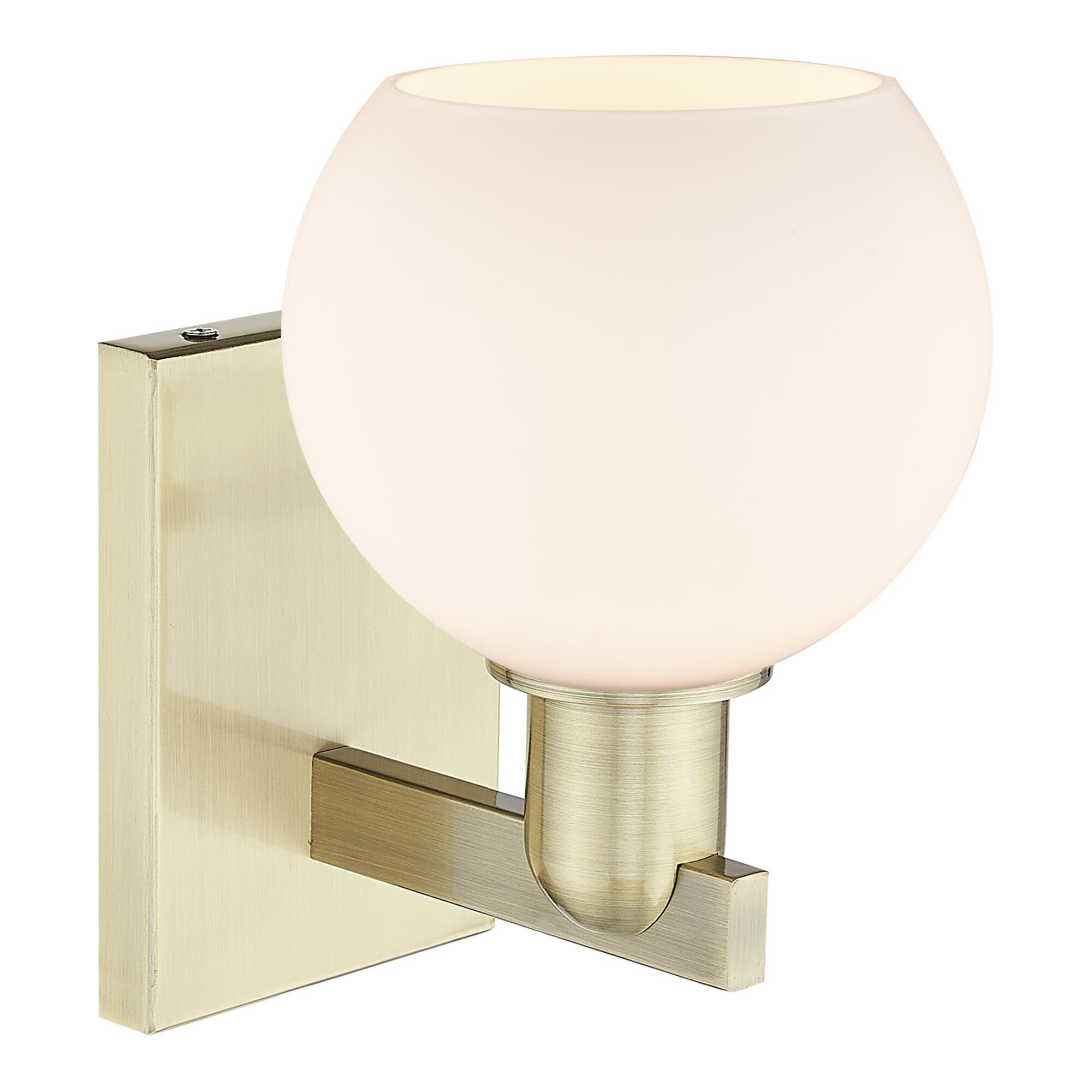 Shown in Antique Brass finish and Matte White glass