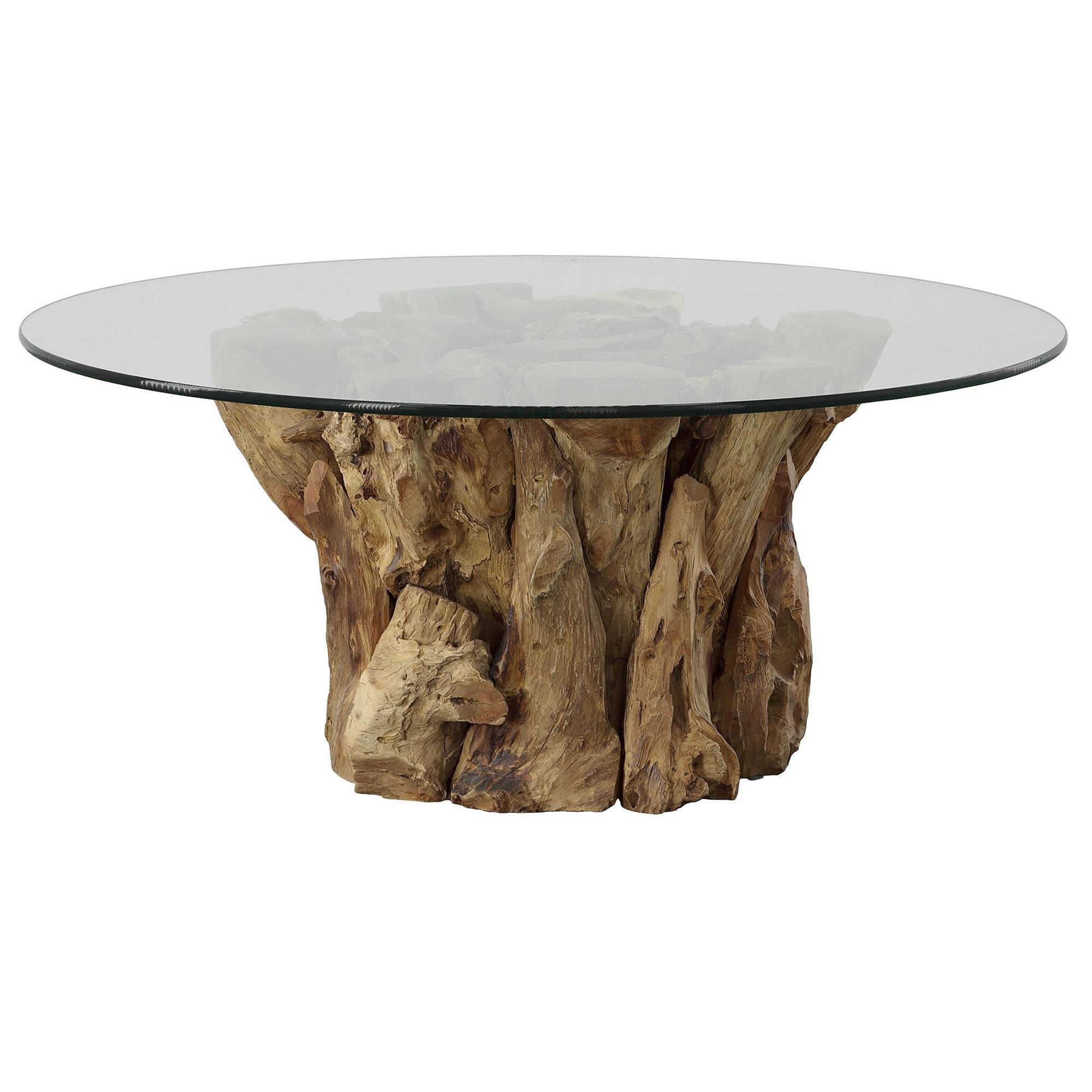 Shown in Crafted From Pieced Teak Wood In Its Natural Finish, Paired With A Clear Glass Top. Due To The Natur finish