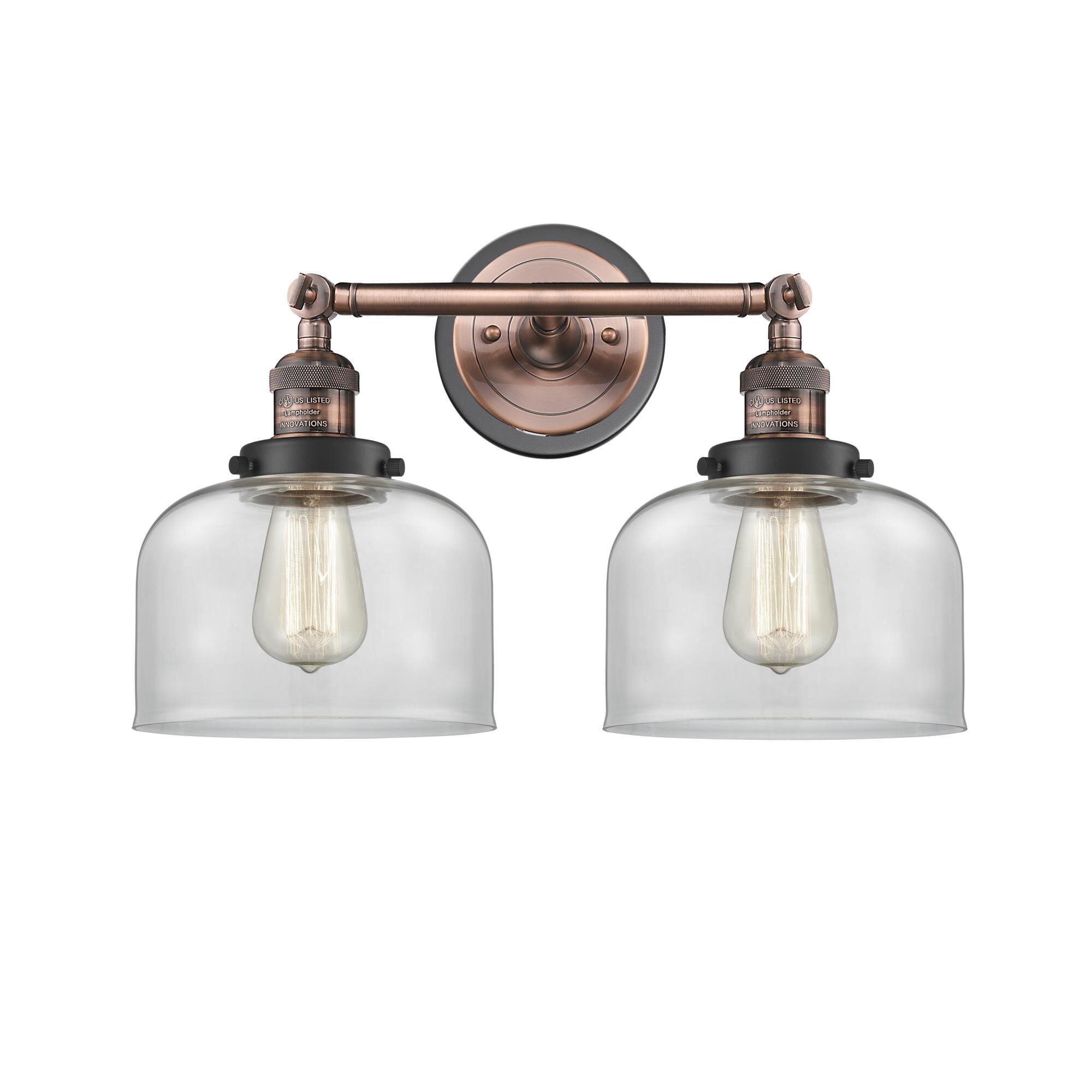 Shown in Antique Copper finish and Clear Large Bell glass and Matte Black accent