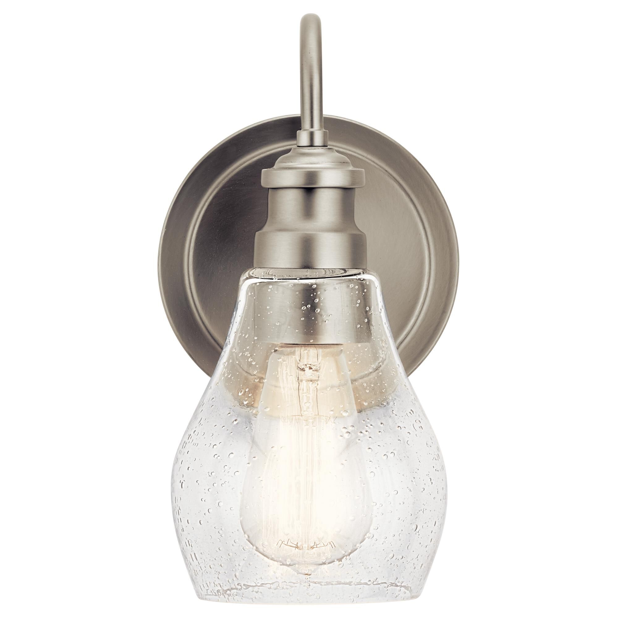 Shown in Brushed Nickel finish and Clear Seeded glass