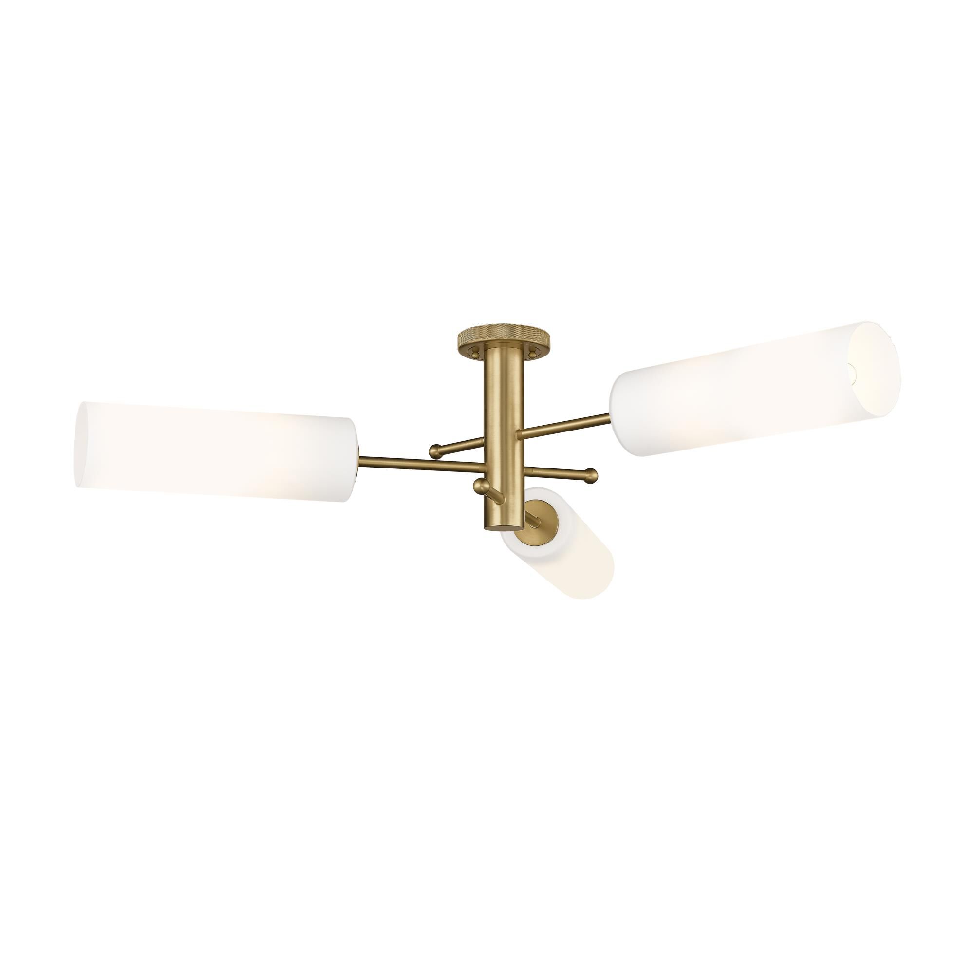 Shown in Brushed Brass finish and Matte White glass and Matte White Glass shade