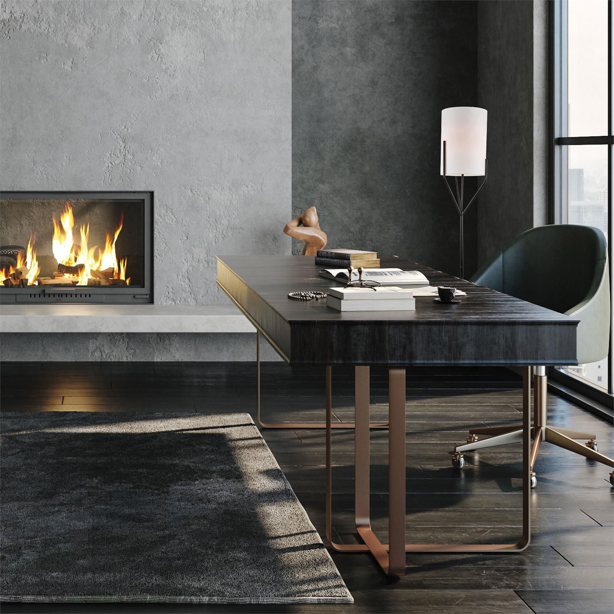 Shown in Black and White finish and White Fabric Drum shade
