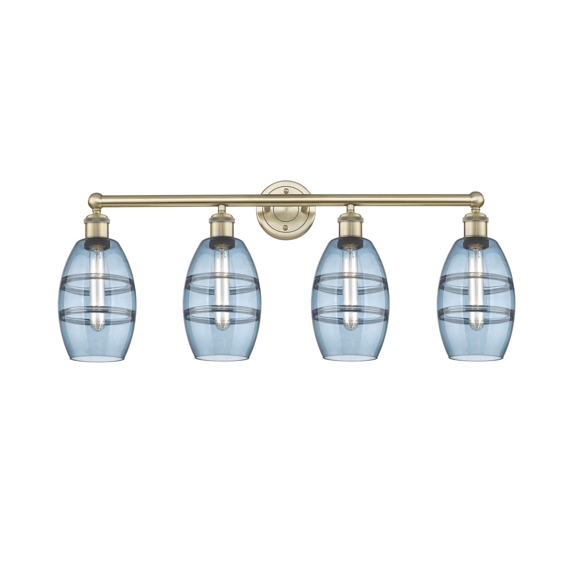 Shown in Antique Brass finish and Princess Blue glass