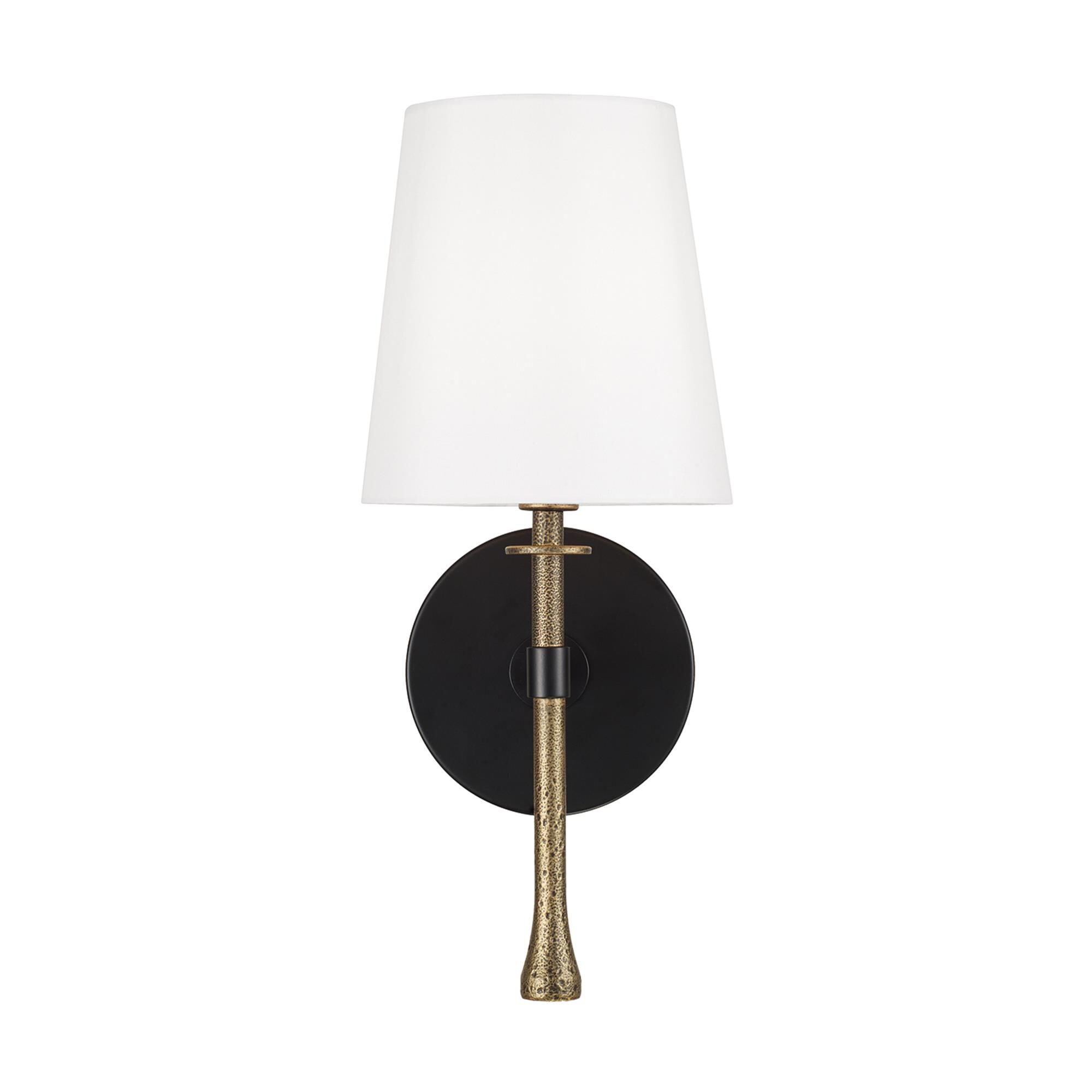 Shown in Matte Black With Hammered Gold finish and White Fabric Stay-Straight shade