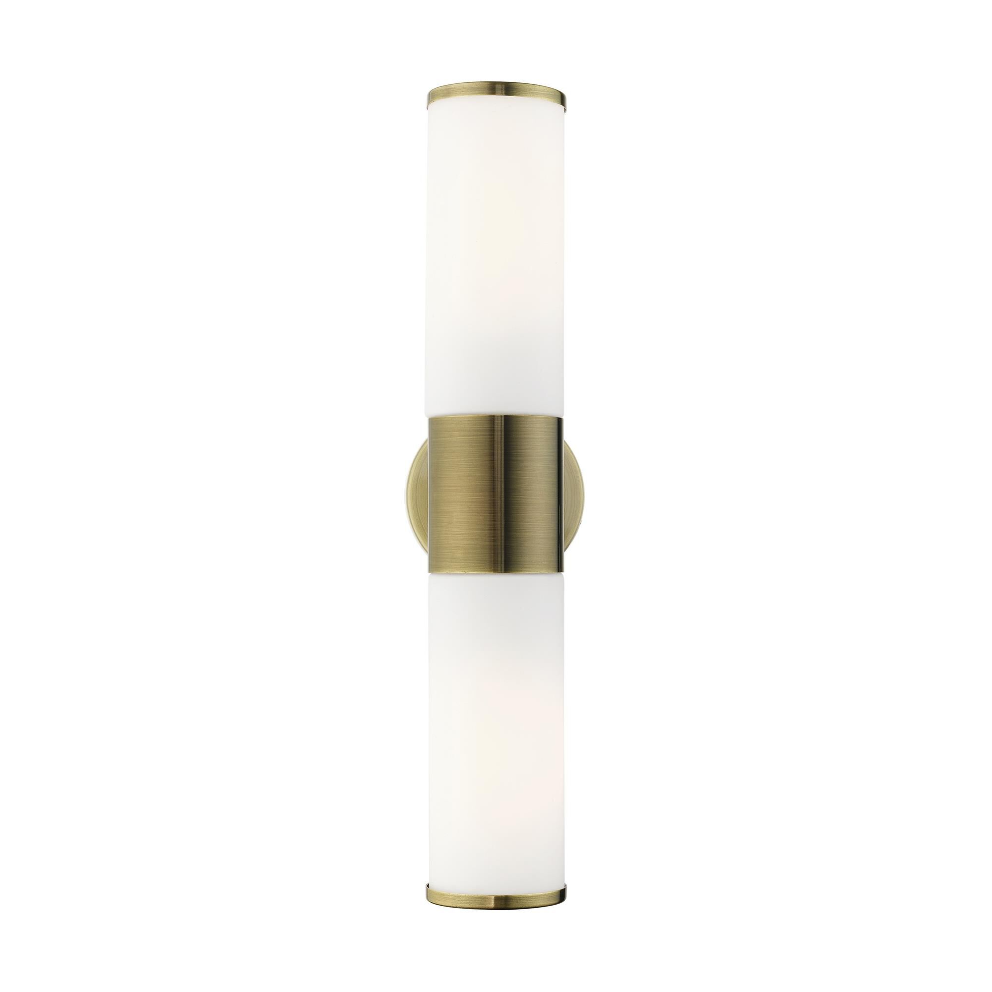 Shown in Antique Brass finish and Satin Opal White glass
